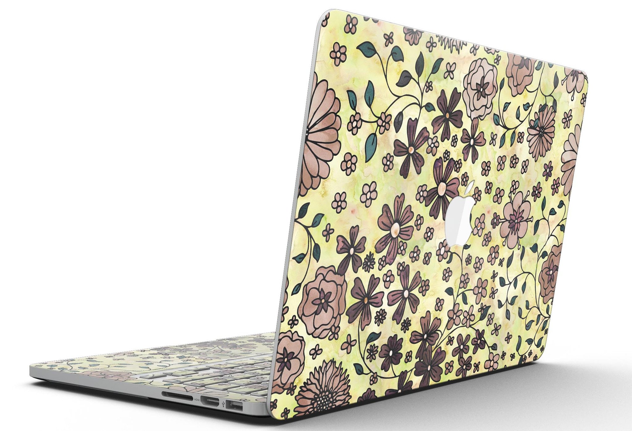 Floral pattern skin for MacBook Pro with Retina Display featuring a vibrant yellow watercolor background.