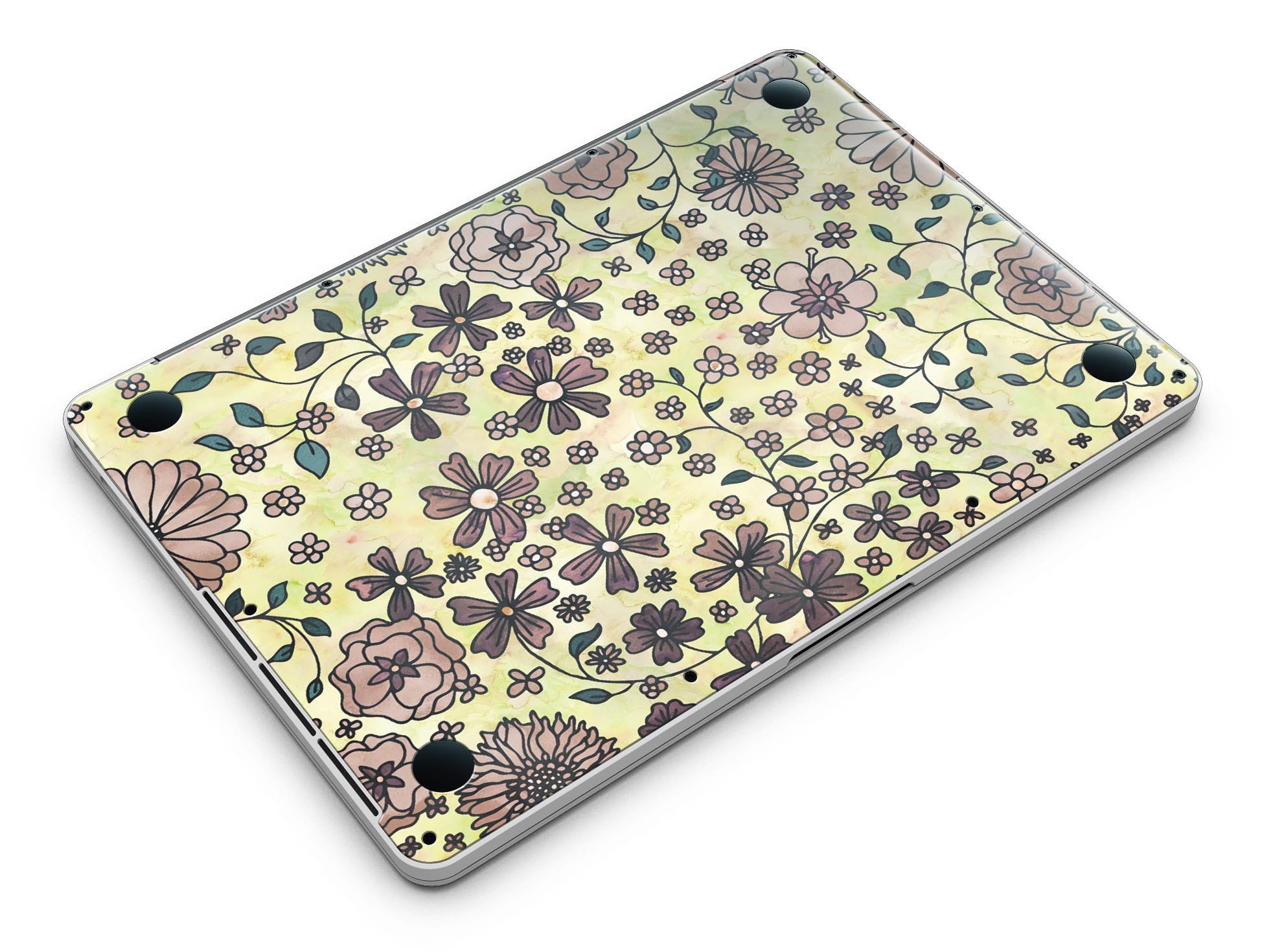 Floral pattern skin for MacBook Pro with Retina Display featuring a vibrant yellow watercolor background.