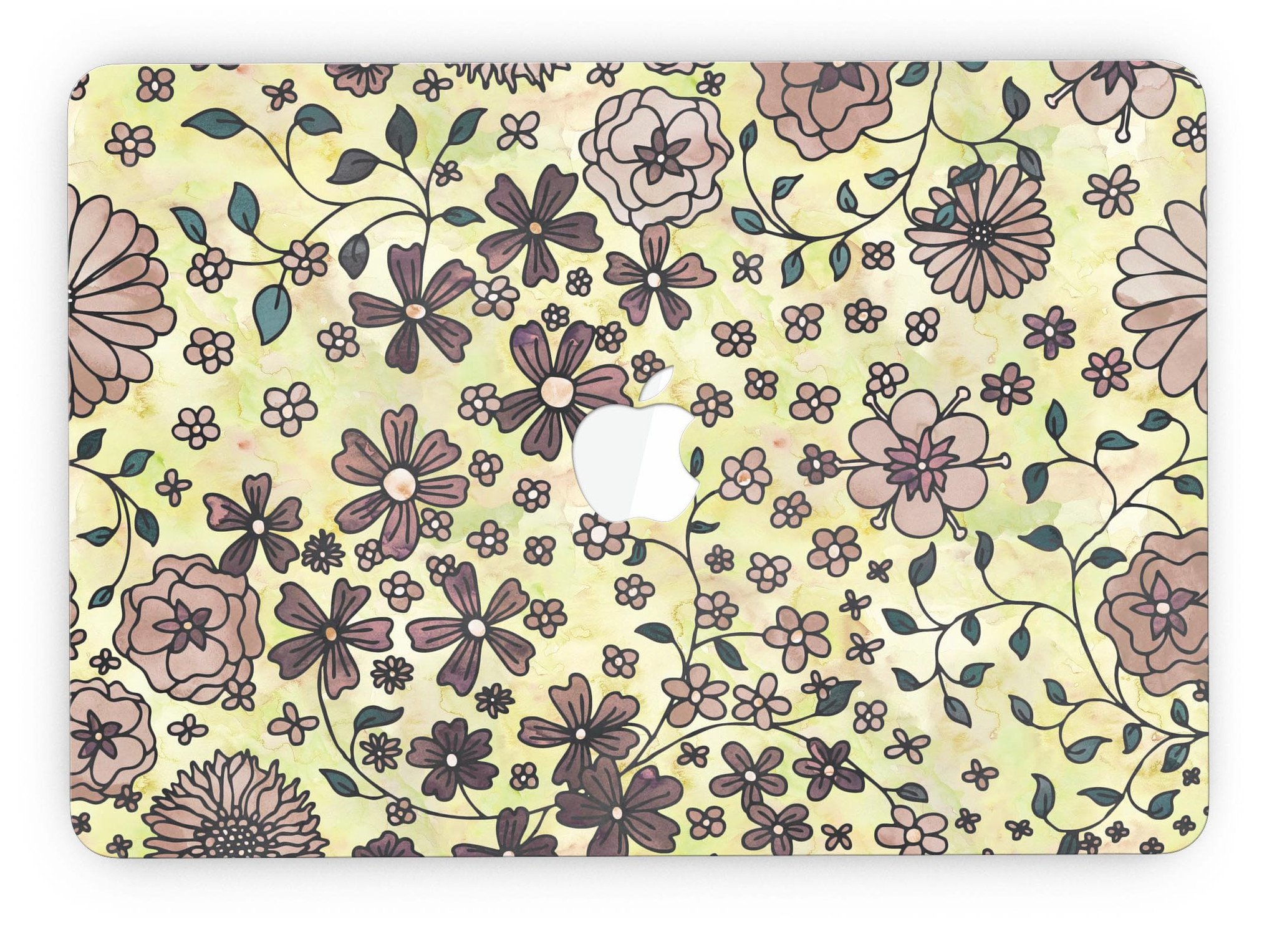 Floral pattern skin for MacBook Pro with Retina Display featuring a vibrant yellow watercolor background.