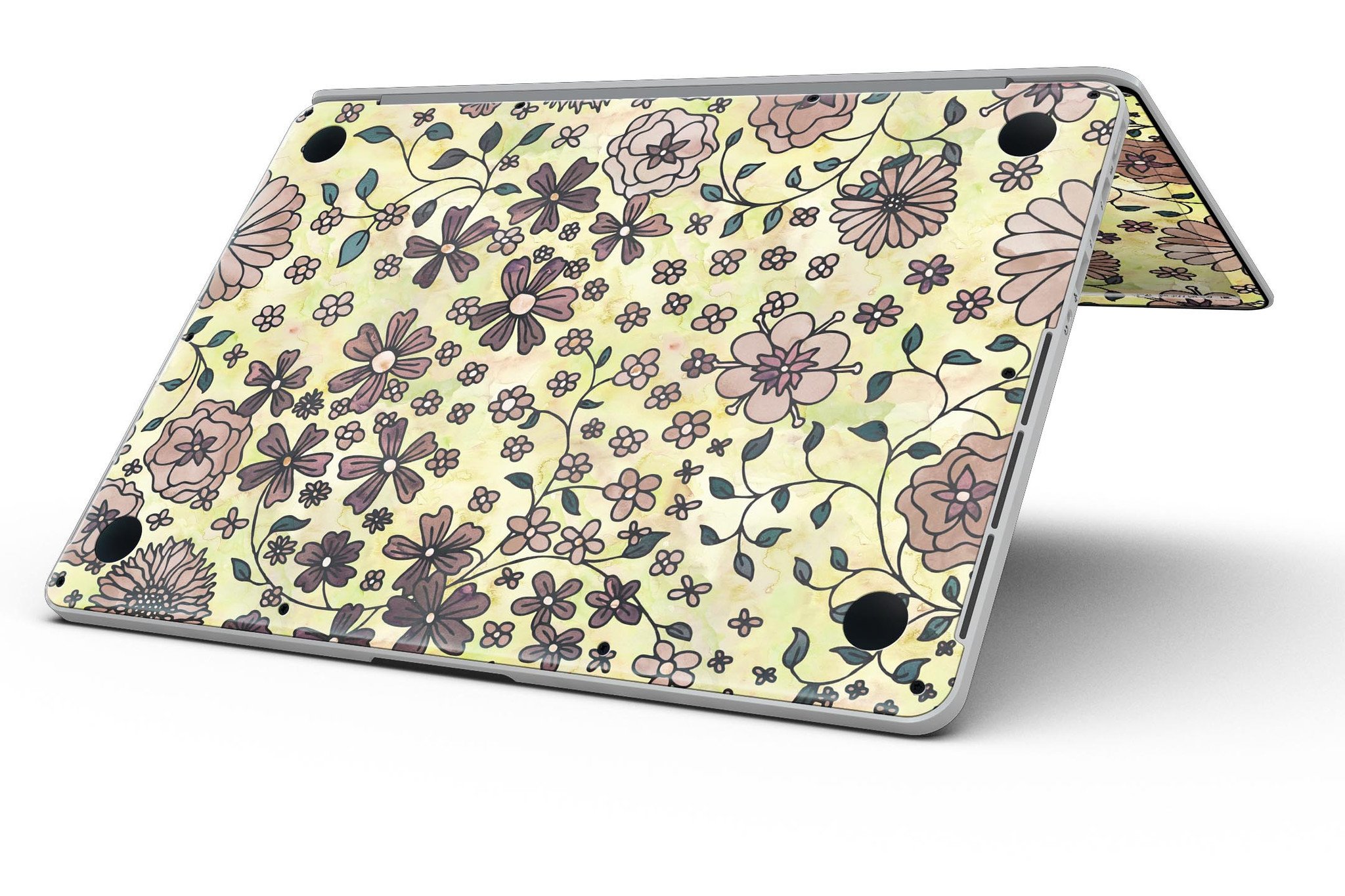 Floral pattern skin for MacBook Pro with Retina Display featuring a vibrant yellow watercolor background.