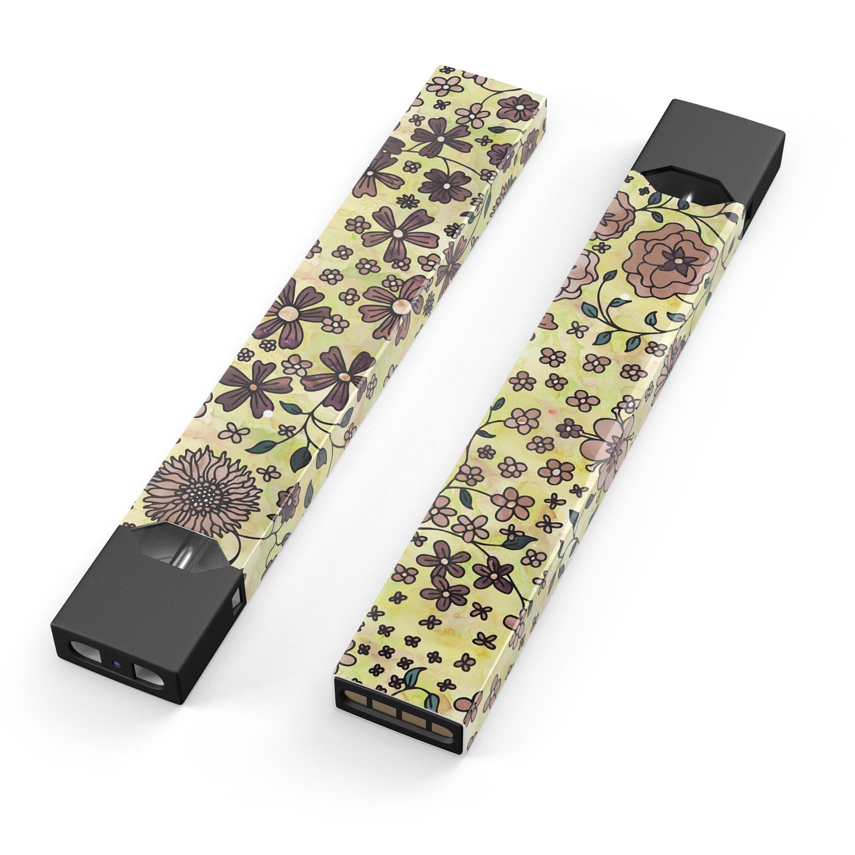 Floral Pattern on Yellow Watercolor Premium Decal for JUUL device, showcasing vibrant colors and intricate floral designs.