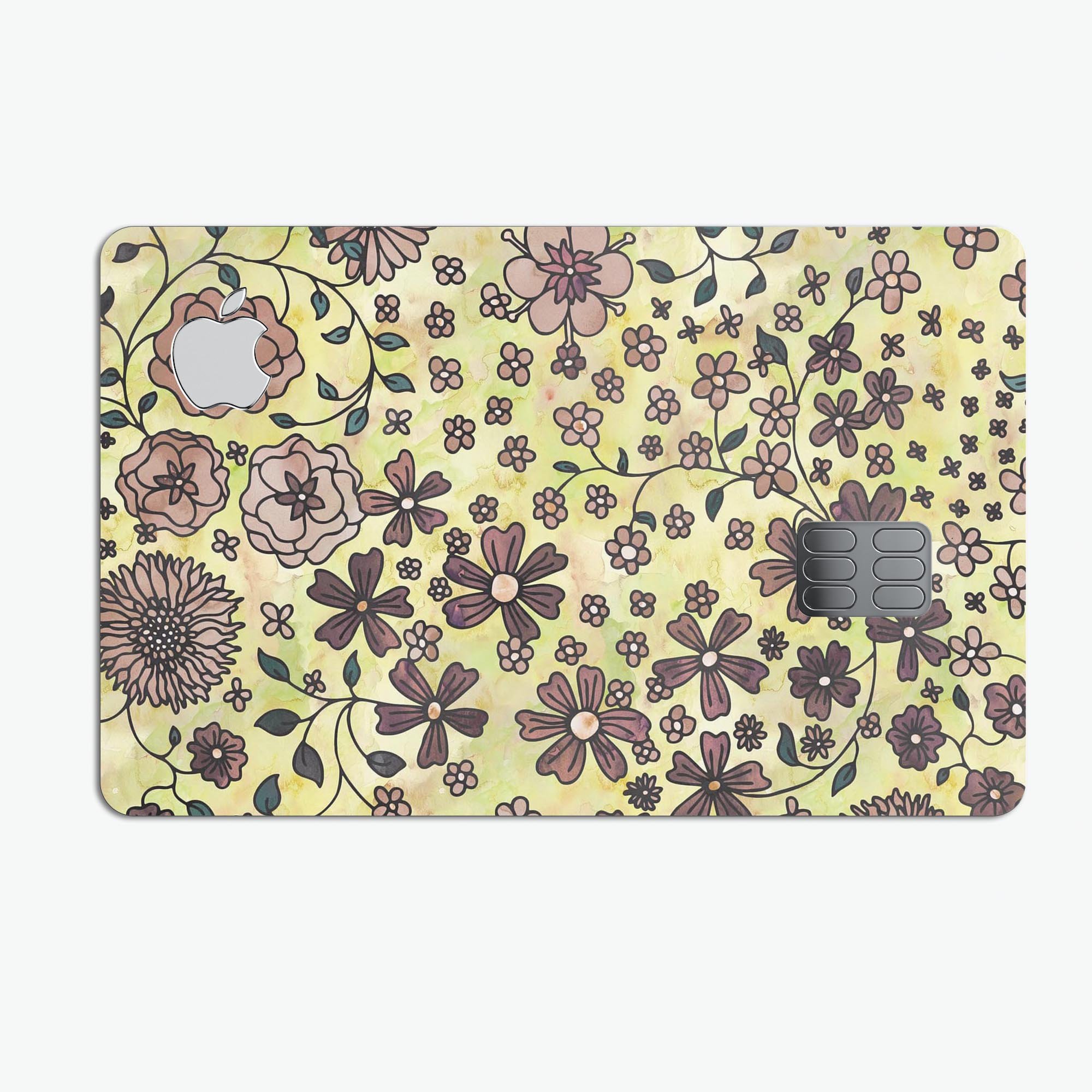 Floral Pattern on Yellow Watercolor Premium Protective Decal for Apple Card, showcasing vibrant colors and elegant design.