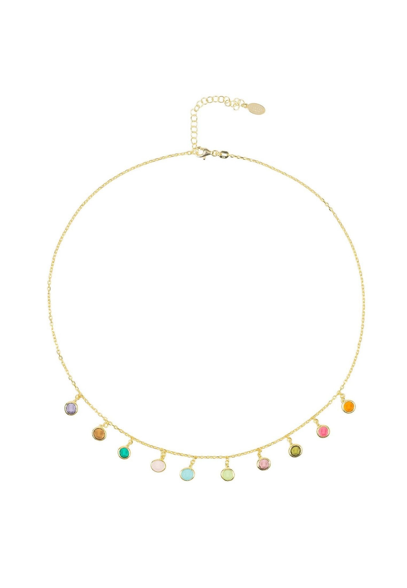 Gold necklace with colorful charms.