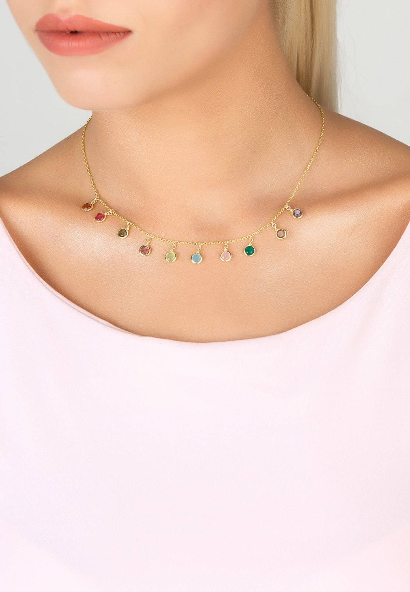 Necklace with colorful gemstone charms.