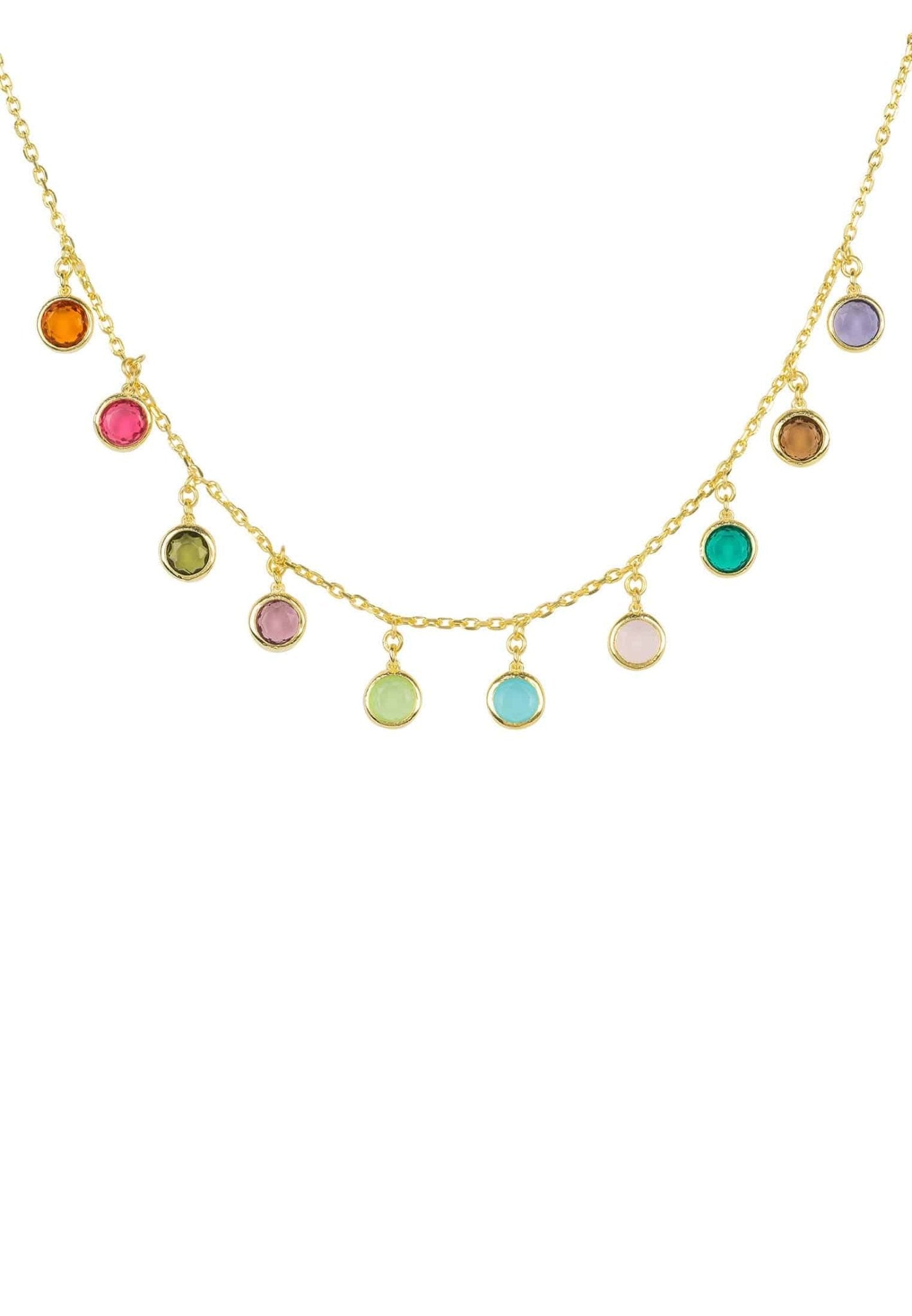 Gold necklace with colorful pendants.