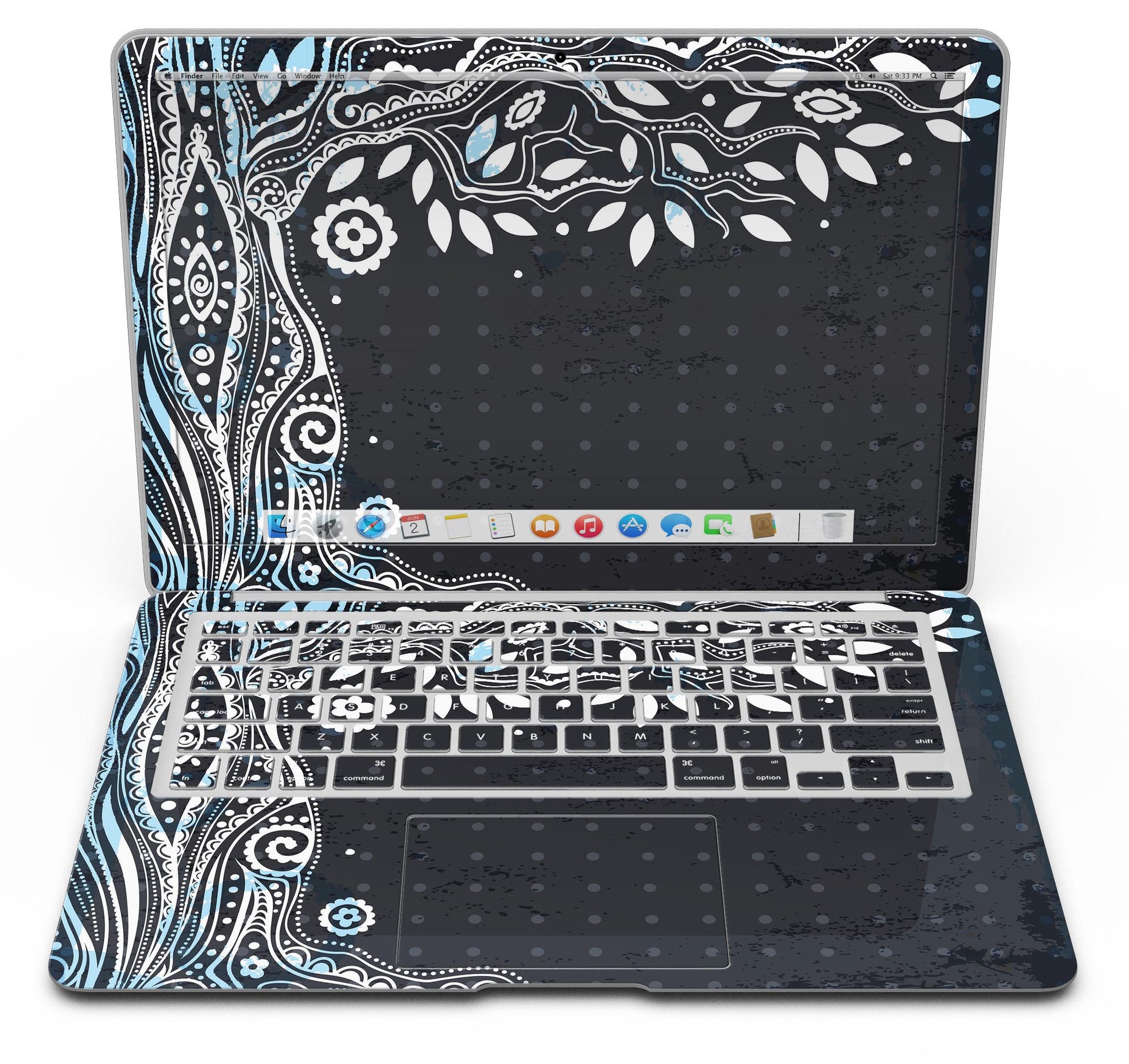 Flourish Black and White Tree skin applied to a MacBook Air, showcasing its stylish design and premium finish.