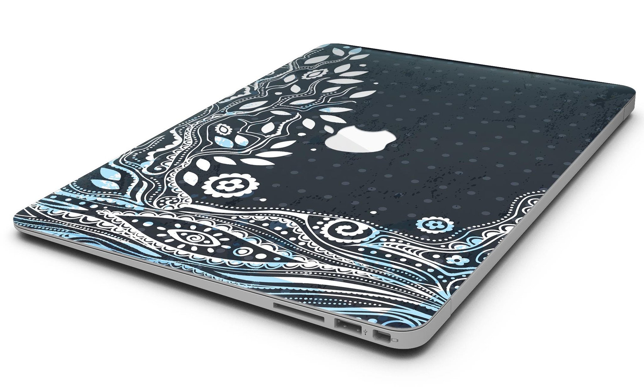 Flourish Black and White Tree skin applied to a MacBook Air, showcasing its stylish design and premium finish.