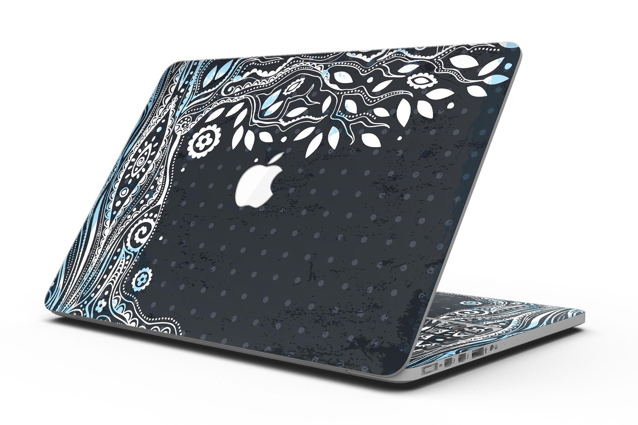 Flourish Black and White Tree skin for MacBook Pro, showcasing a stylish tree design on a sleek laptop surface.