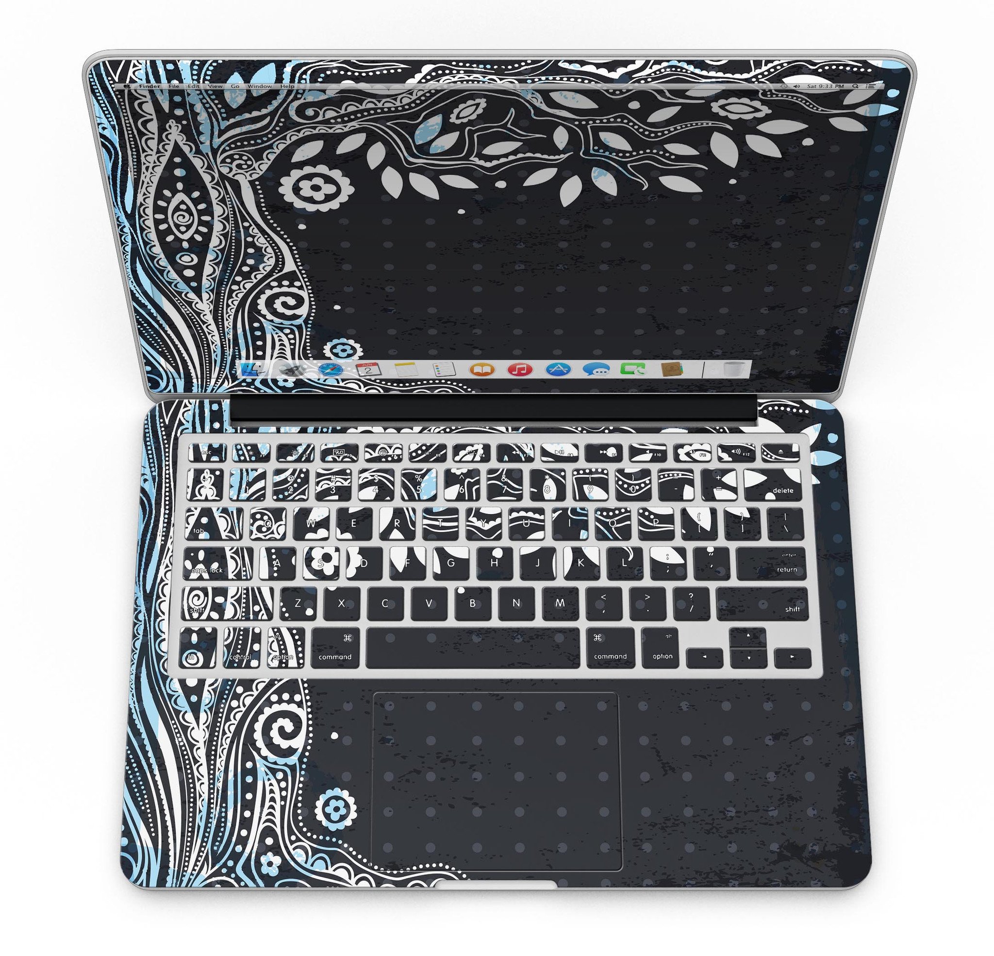 Flourish Black and White Tree skin for MacBook Pro, showcasing a stylish tree design on a sleek laptop surface.