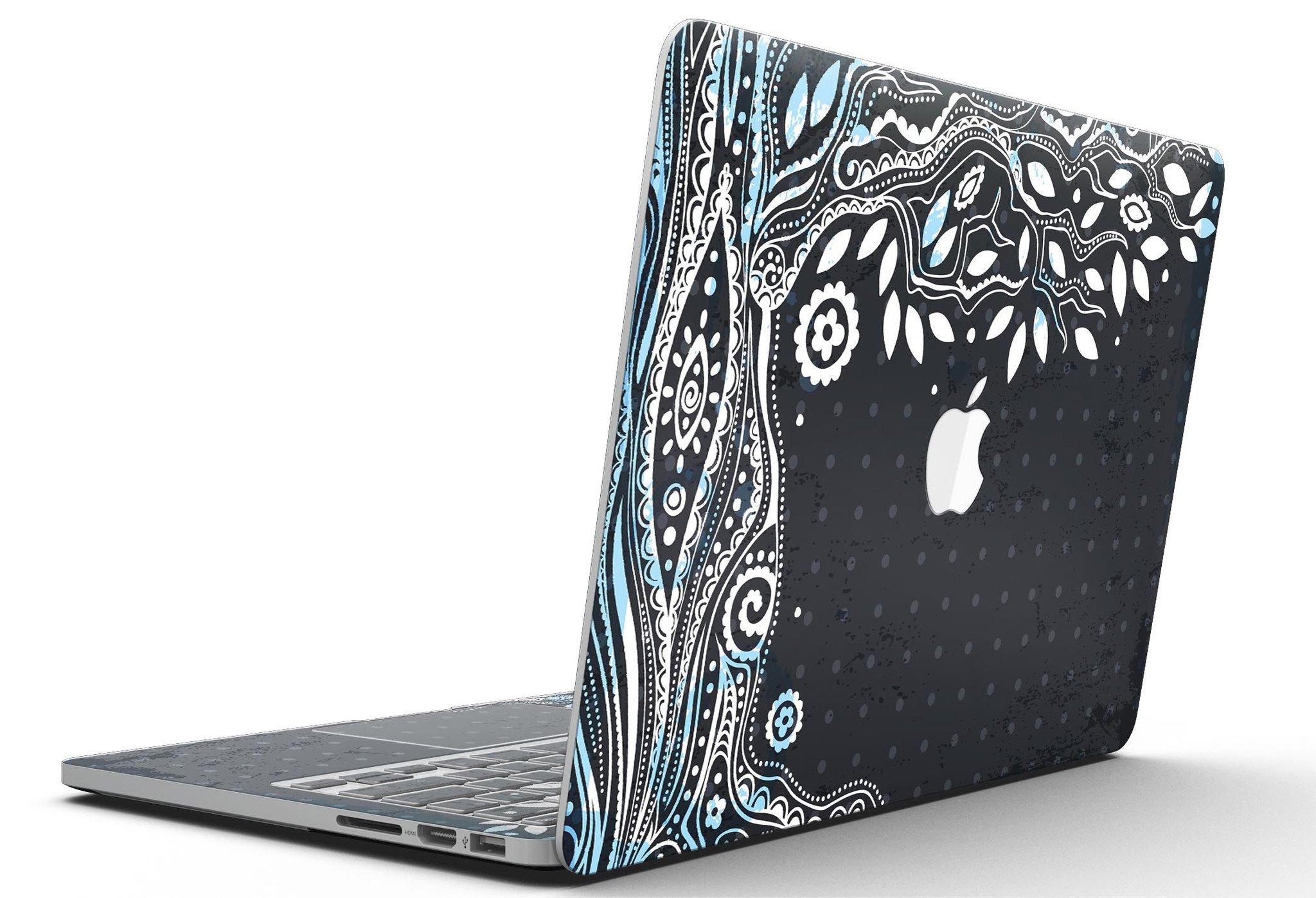 Flourish Black and White Tree skin for MacBook Pro, showcasing a stylish tree design on a sleek laptop surface.