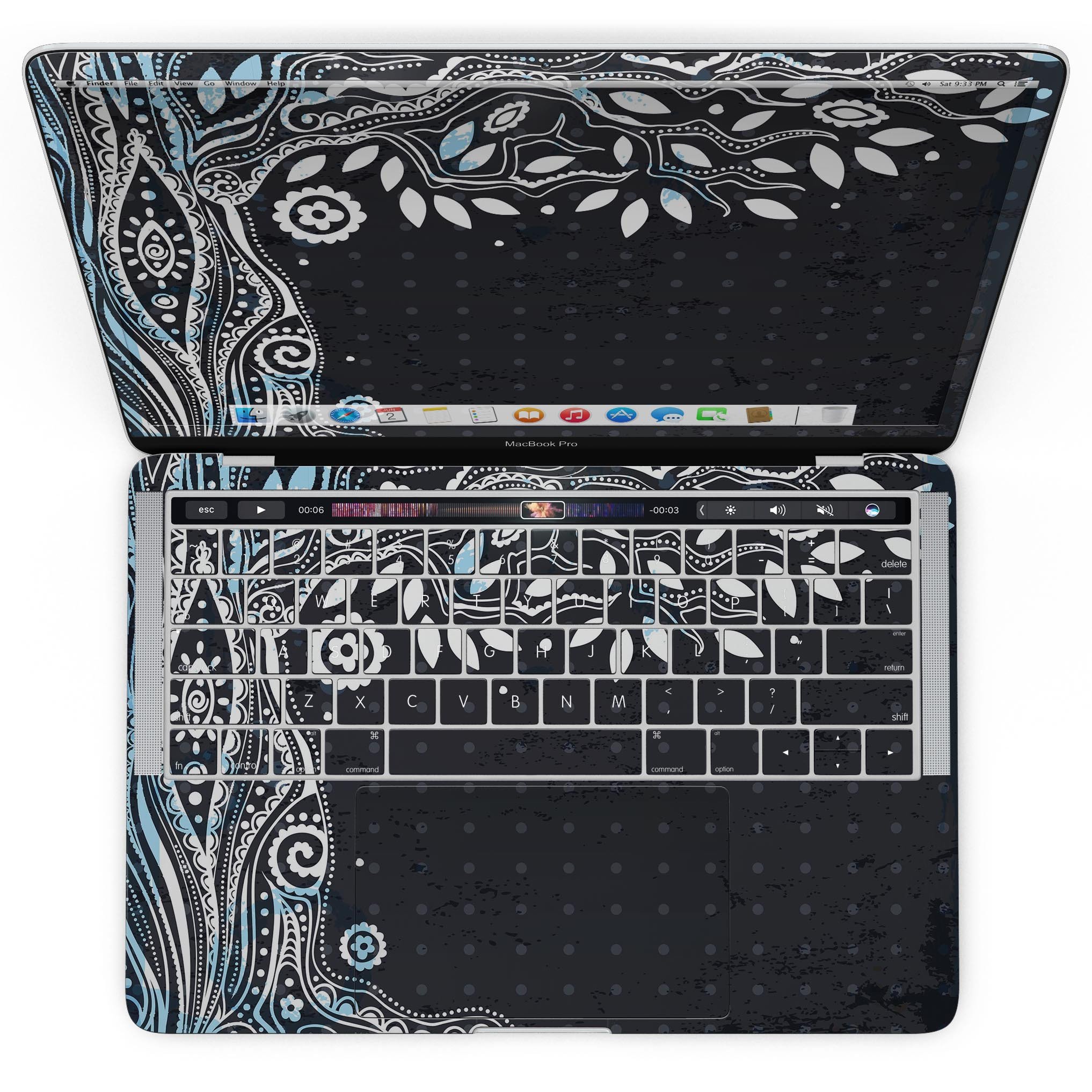 Flourish Black and White Tree skin kit for MacBook Pro with Touch Bar, showcasing a stylish tree design on premium vinyl.