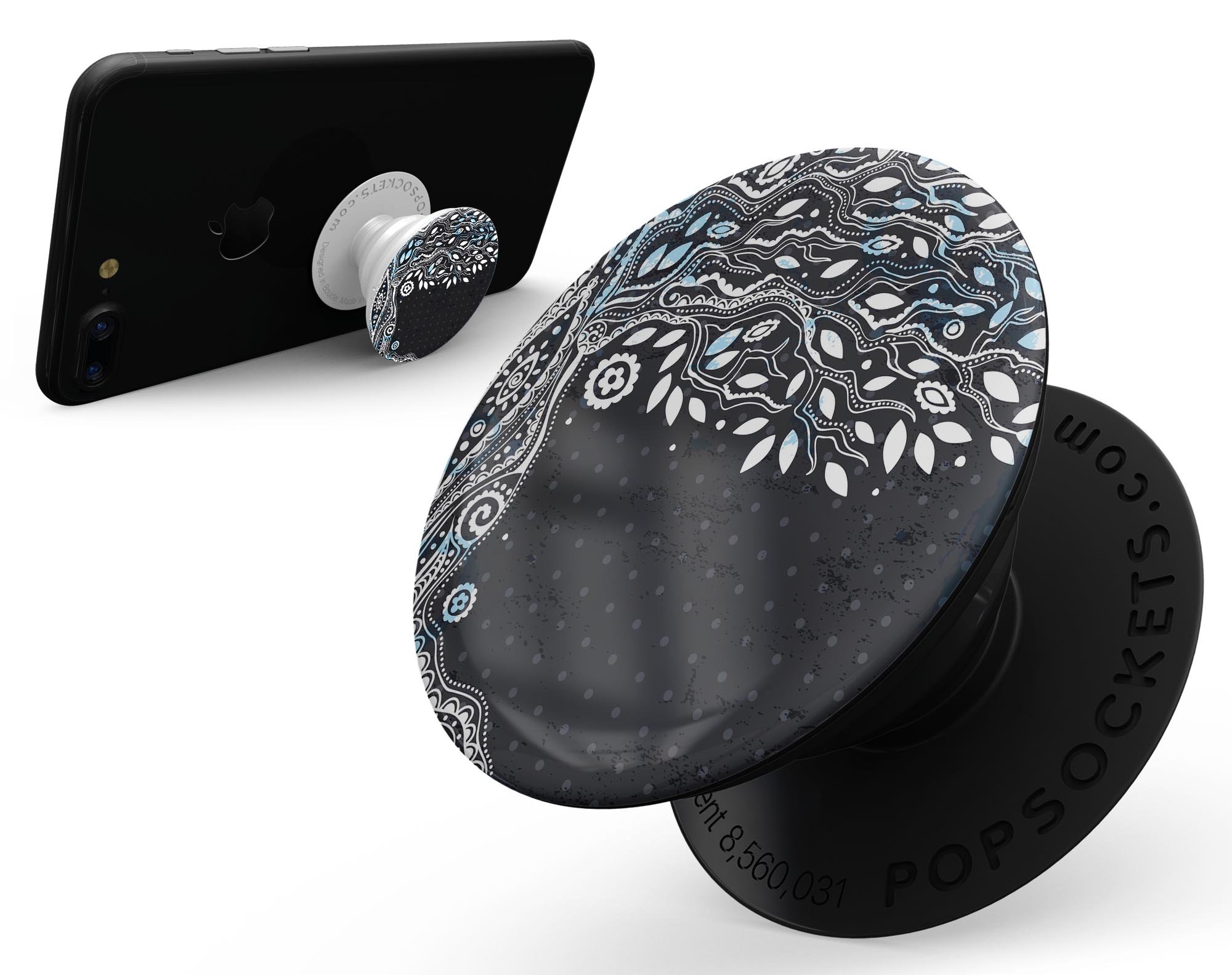 Flourish Black and White Tree Skin Kit for PopSockets, showcasing a stylish tree design on a smartphone grip.