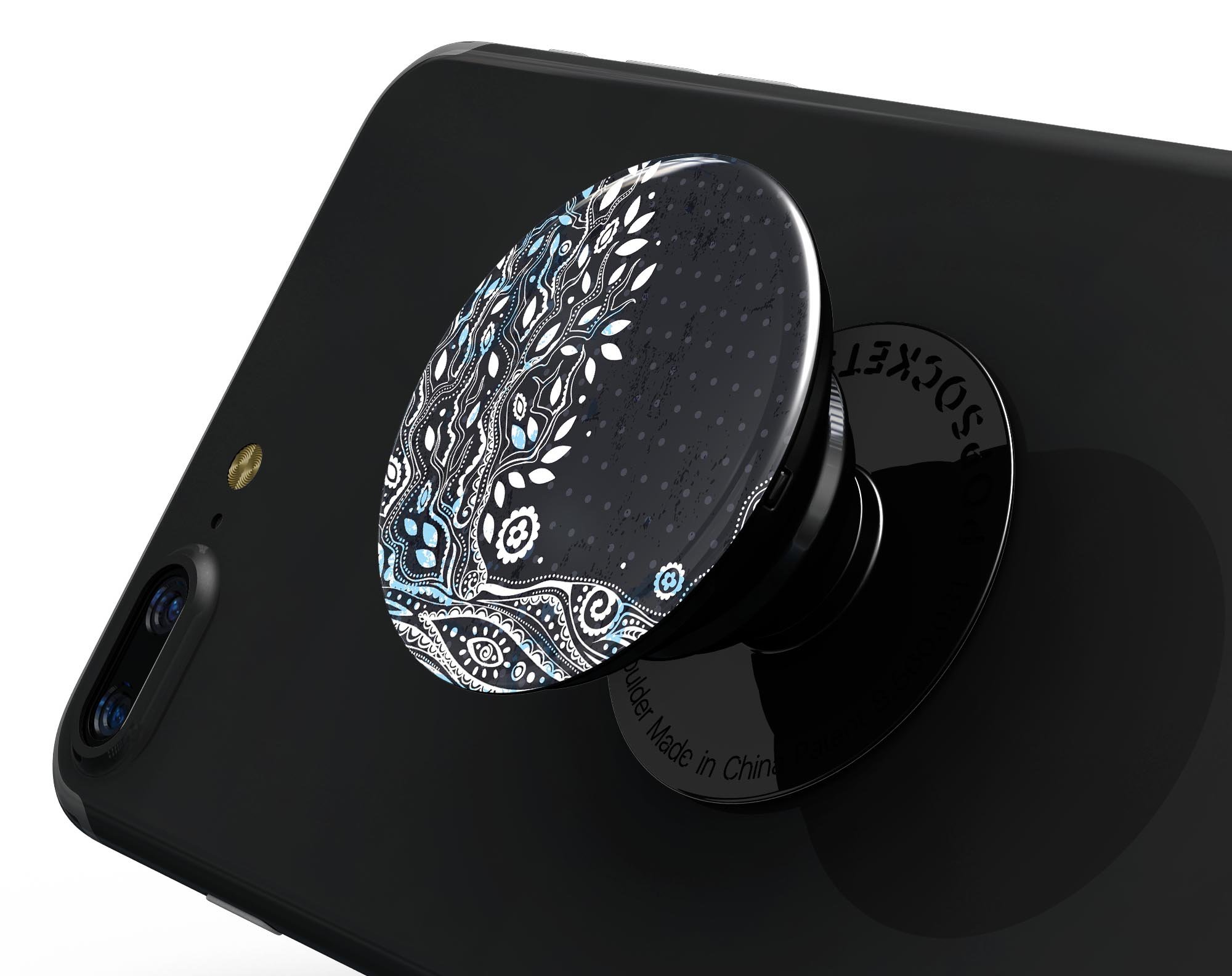 Flourish Black and White Tree Skin Kit for PopSockets, showcasing a stylish tree design on a smartphone grip.