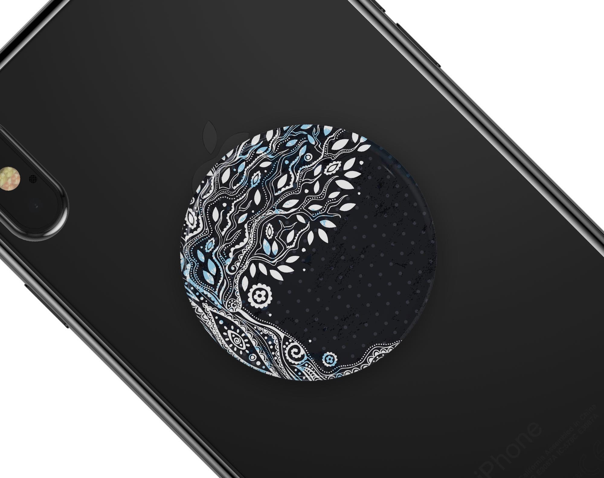 Flourish Black and White Tree Skin Kit for PopSockets, showcasing a stylish tree design on a smartphone grip.