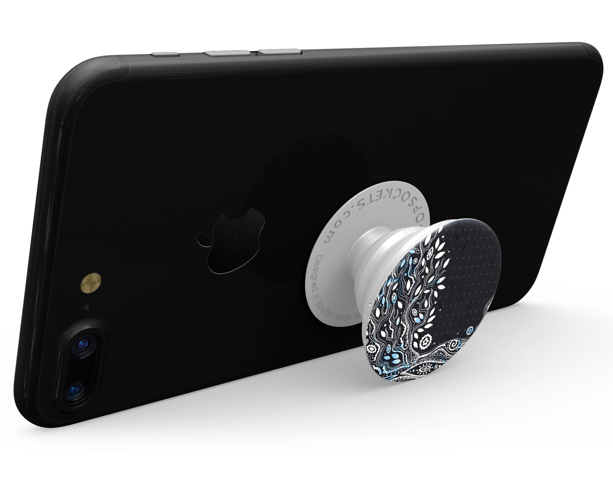 Flourish Black and White Tree Skin Kit for PopSockets, showcasing a stylish tree design on a smartphone grip.