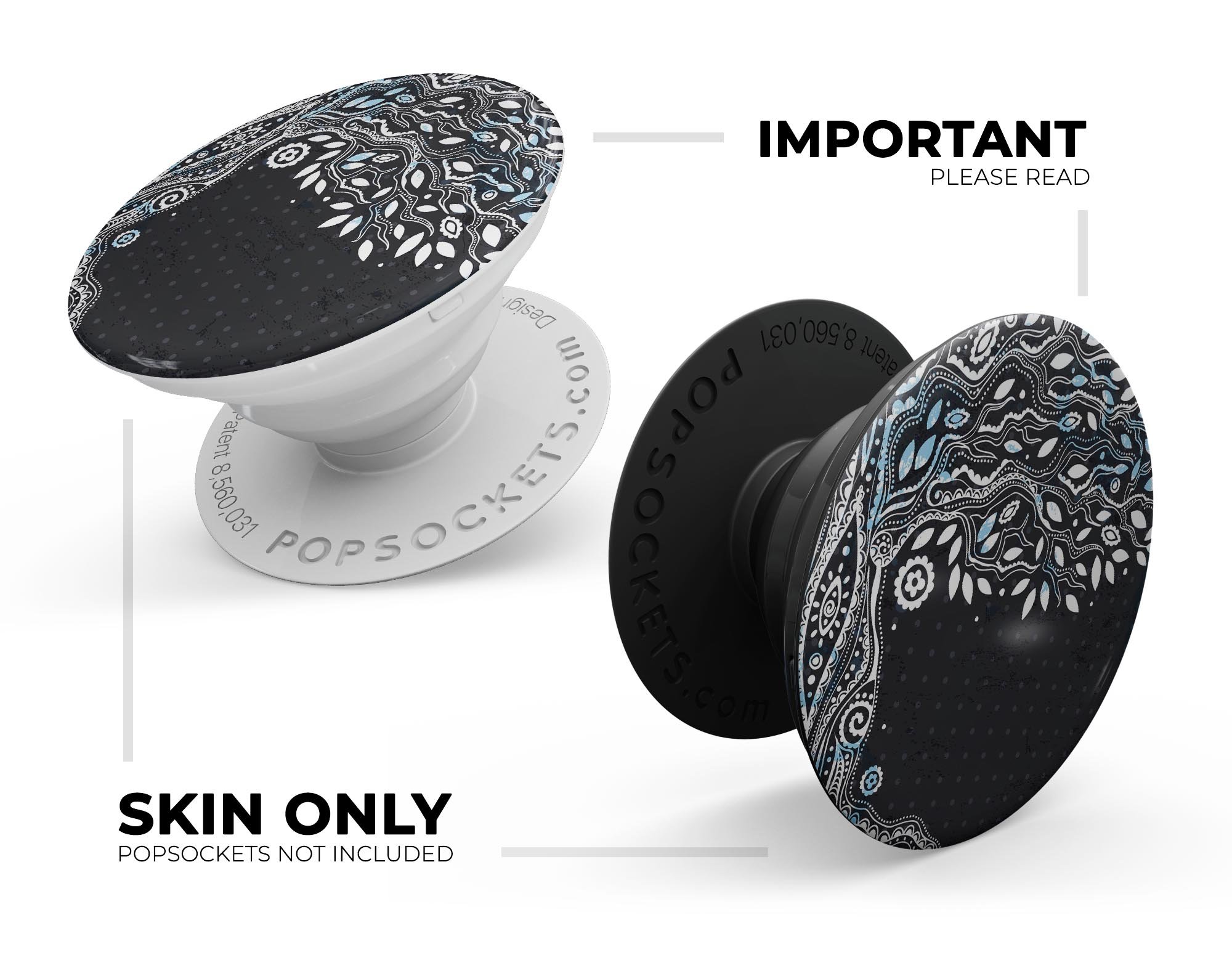 Flourish Black and White Tree Skin Kit for PopSockets, showcasing a stylish tree design on a smartphone grip.