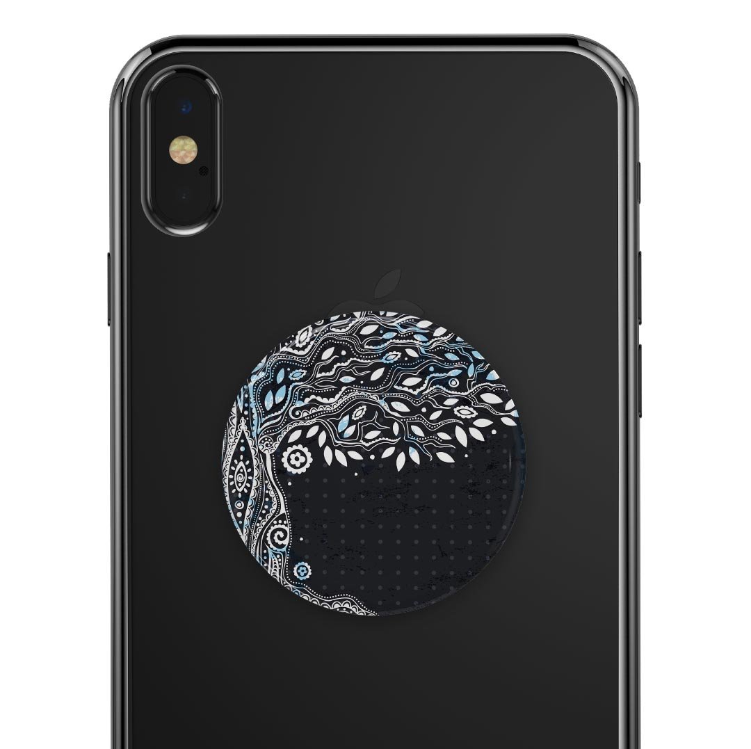 Flourish Black and White Tree Skin Kit for PopSockets, showcasing a stylish tree design on a smartphone grip.