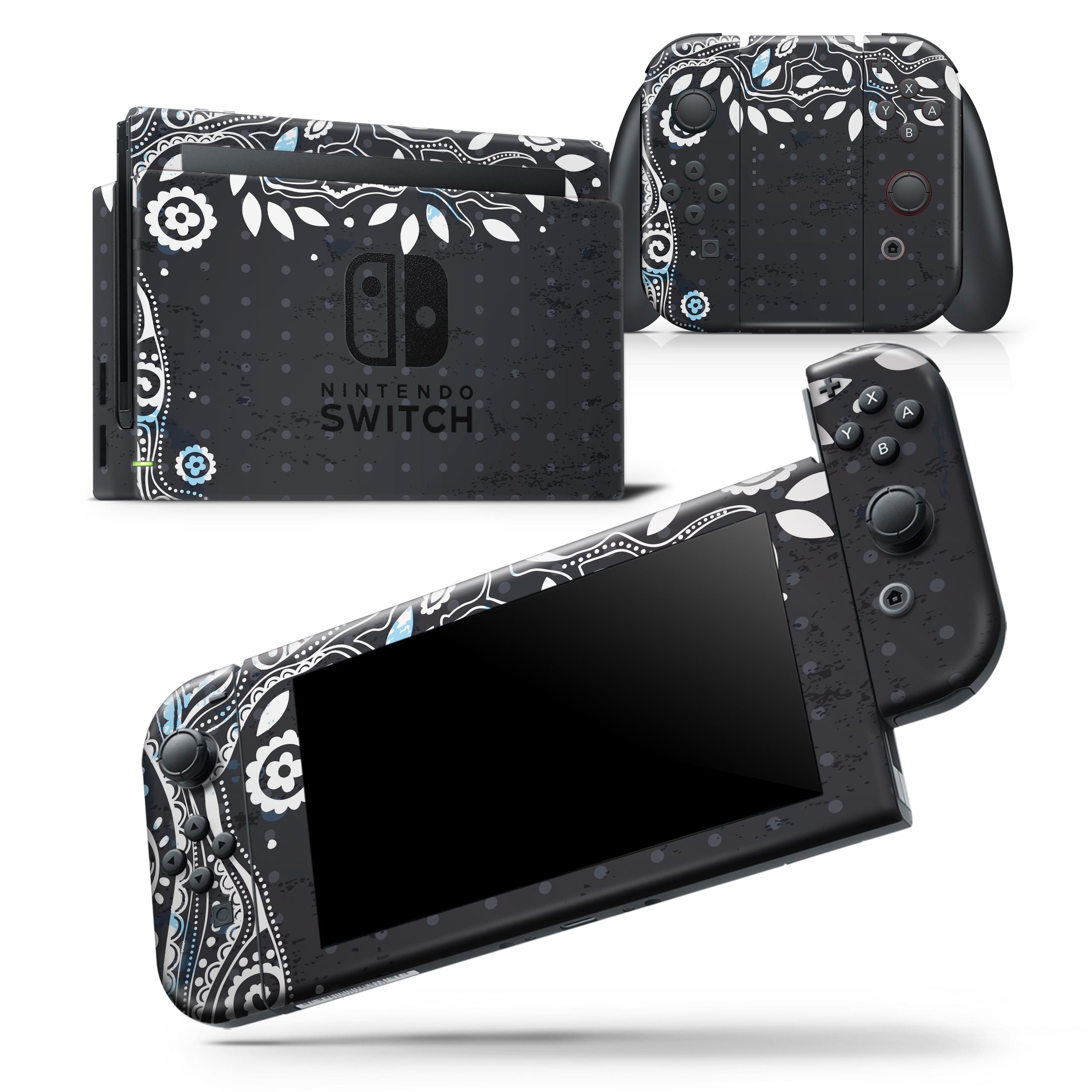 Flourish Black and White Tree skin wrap decal for Nintendo Switch, showcasing a unique design that fits the console and controllers perfectly.