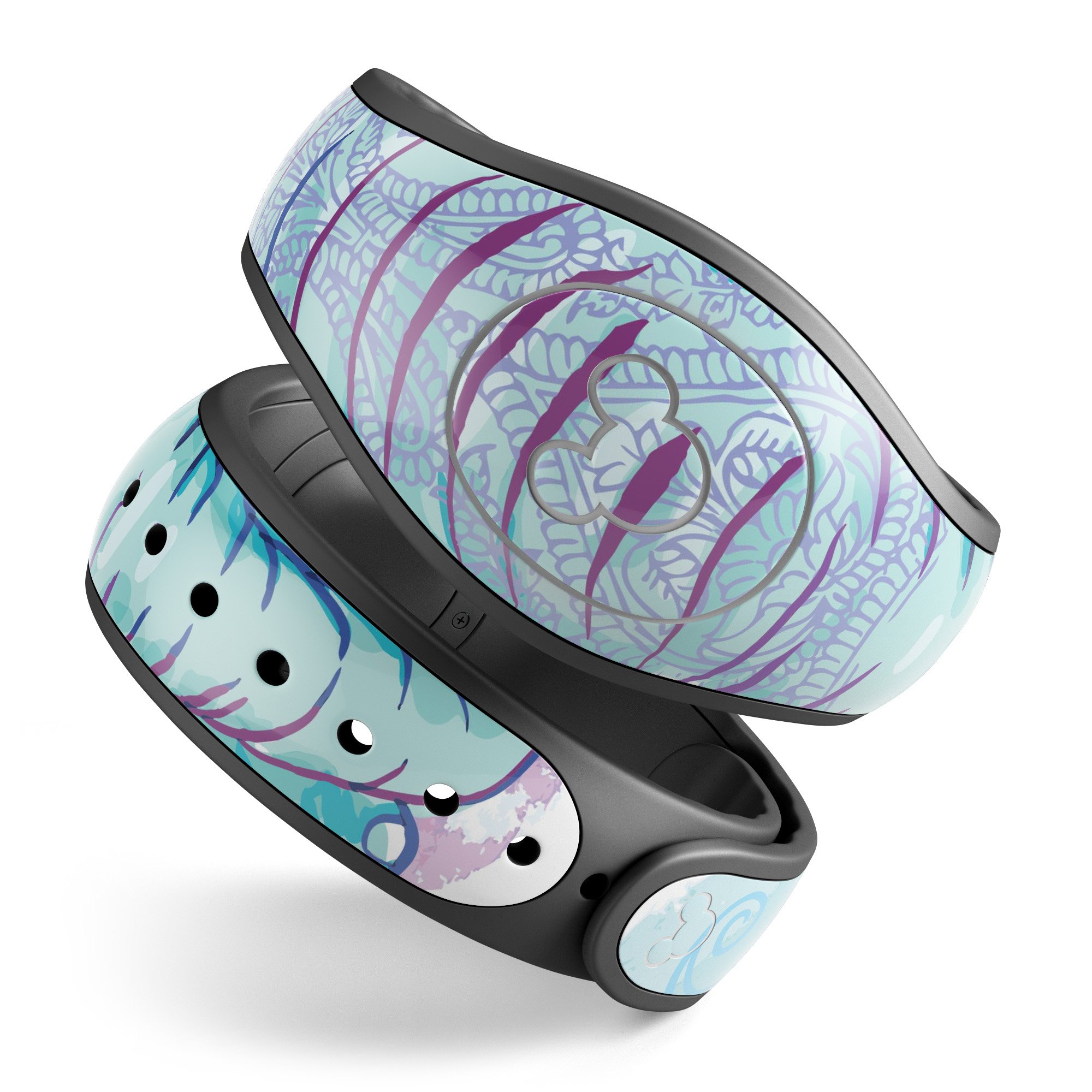 Flourished Blue & Purple Sacred Elephant decal skin wrap kit for Disney Magic Band, showcasing vibrant colors and intricate design.