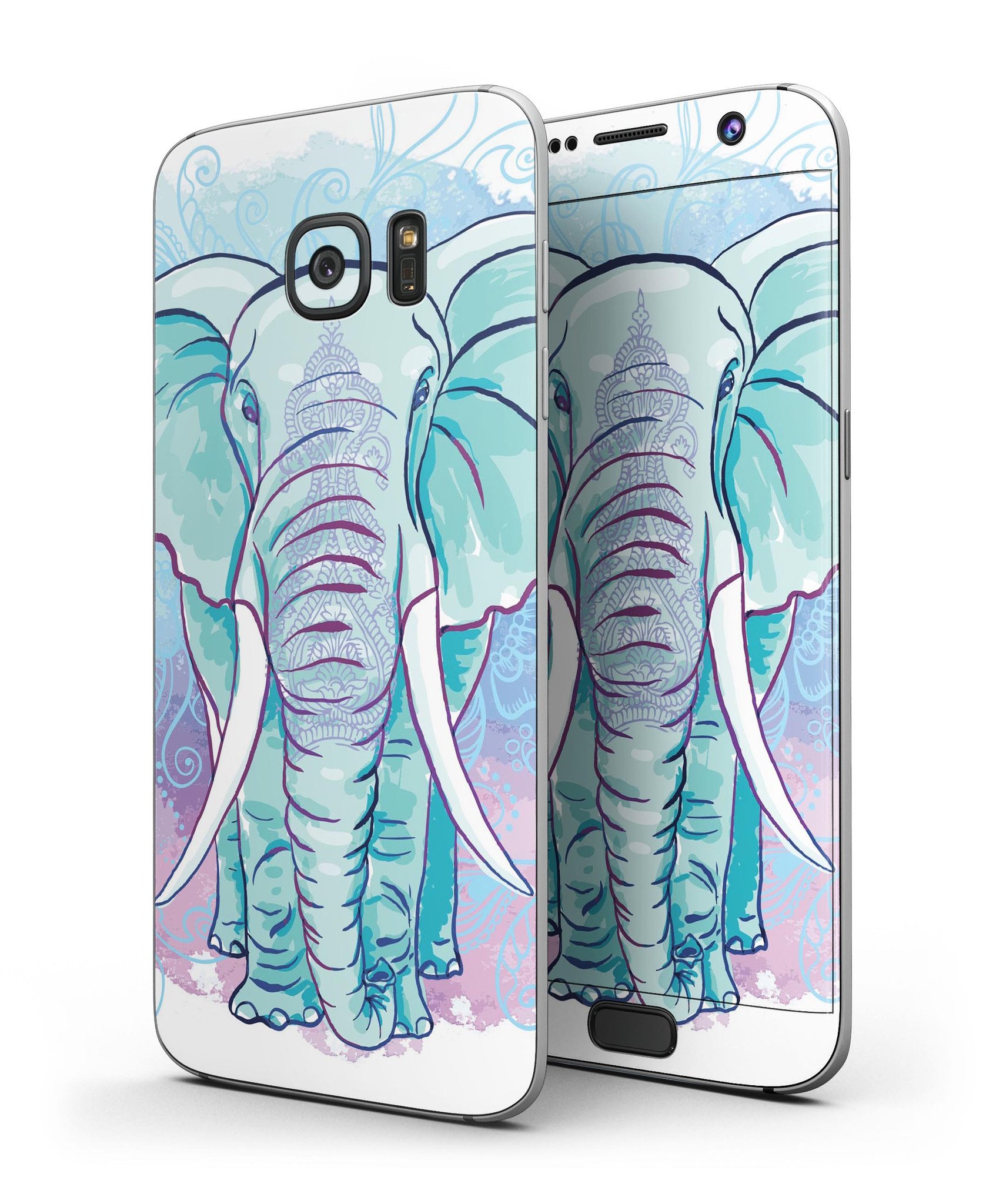 Flourished Blue & Purple Sacred Elephant skin kit for Samsung Galaxy S7 and S7 Edge, showcasing vibrant colors and intricate design.