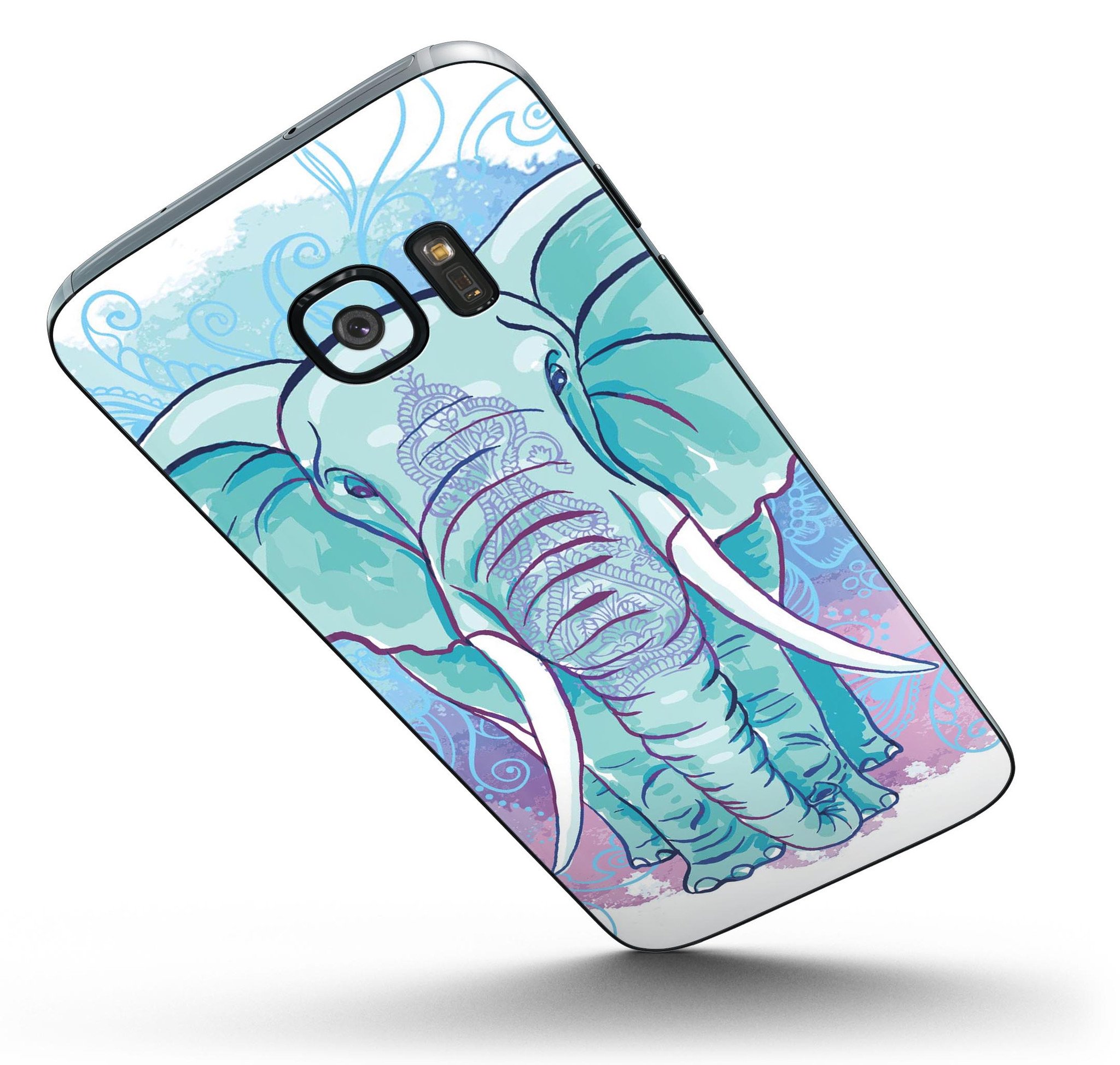 Flourished Blue & Purple Sacred Elephant skin kit for Samsung Galaxy S7 and S7 Edge, showcasing vibrant colors and intricate design.