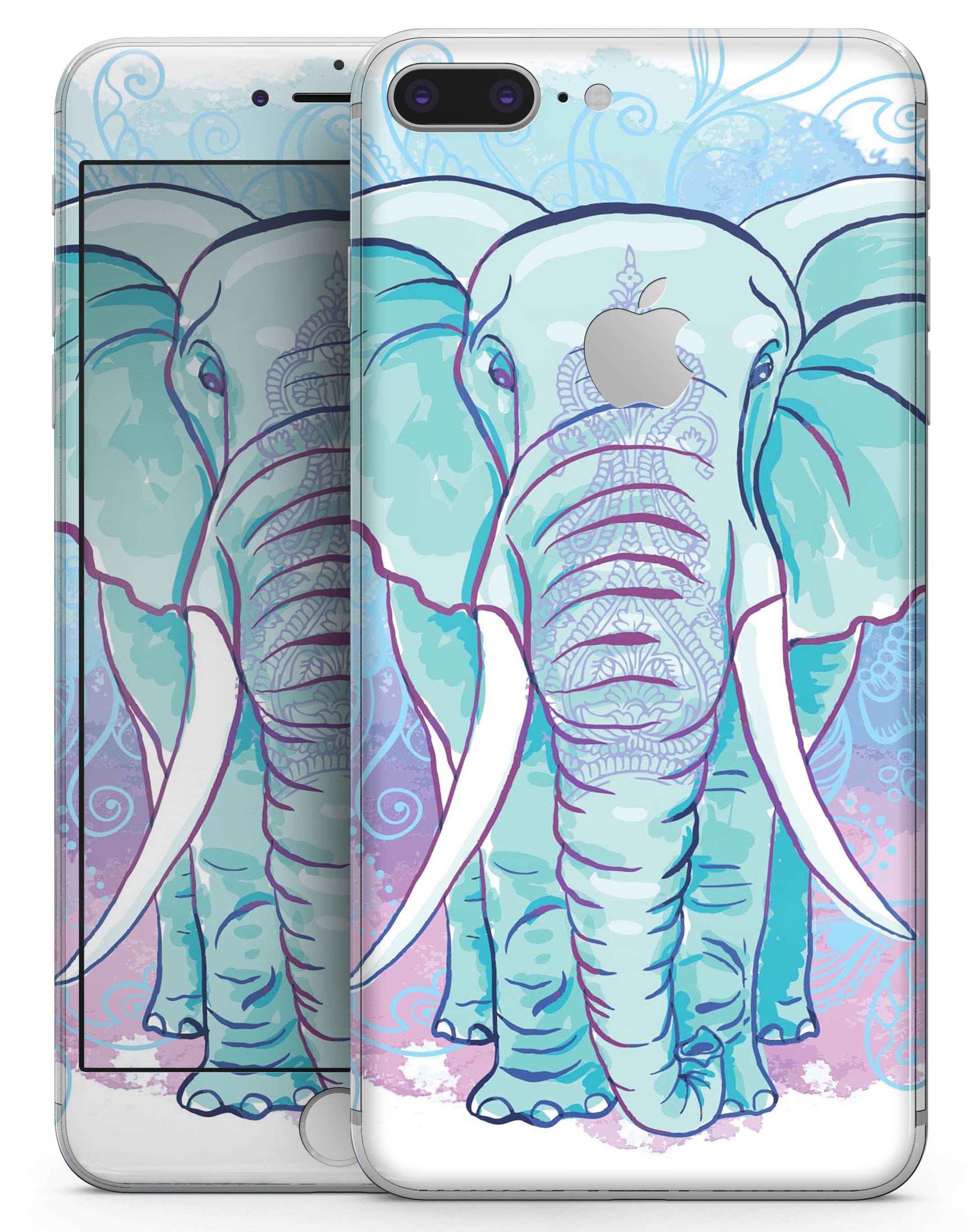 Flourished Blue & Purple Sacred Elephant skin for iPhone 8, showcasing vibrant colors and intricate design.