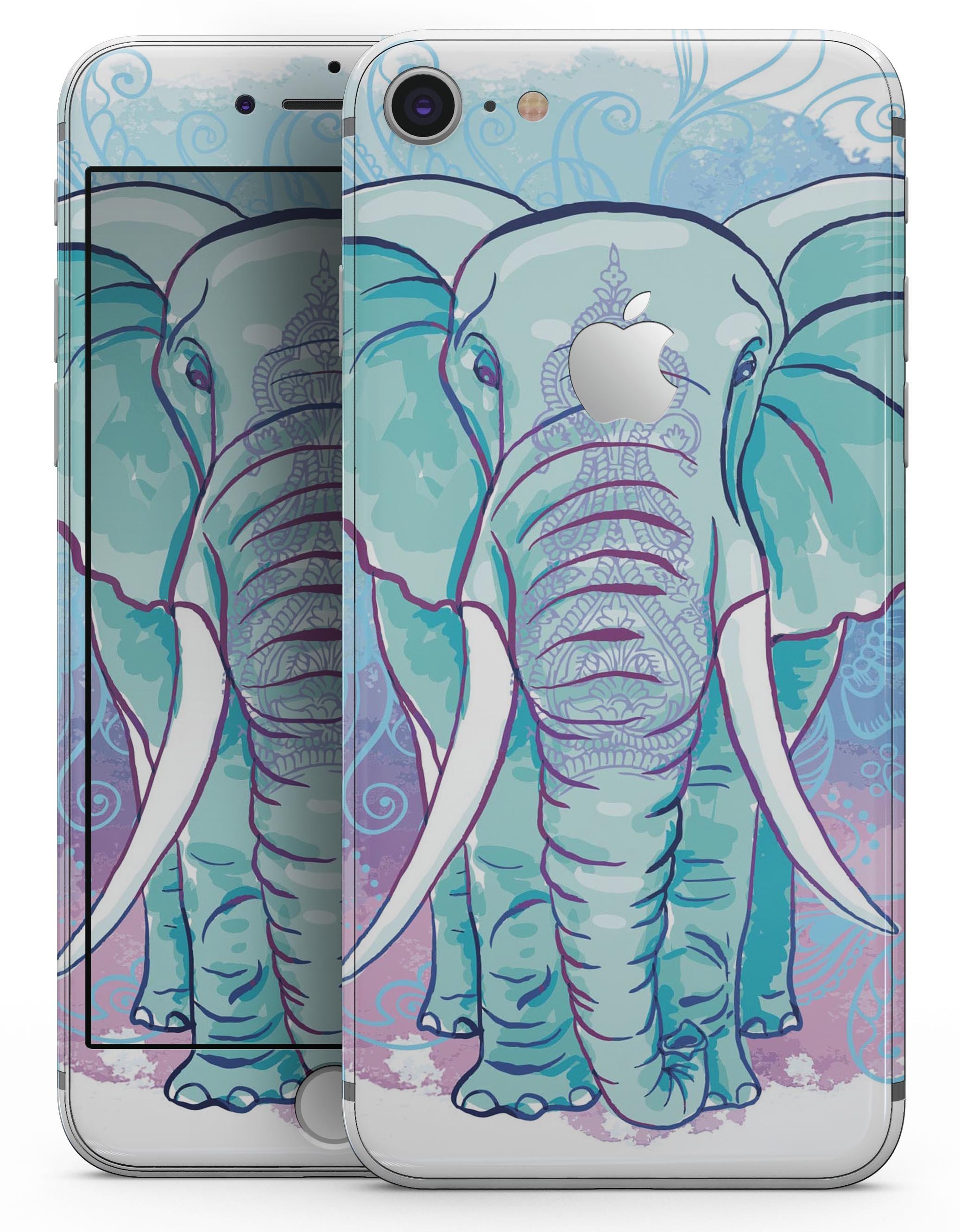 Flourished Blue & Purple Sacred Elephant skin for iPhone 8, showcasing vibrant colors and intricate design.