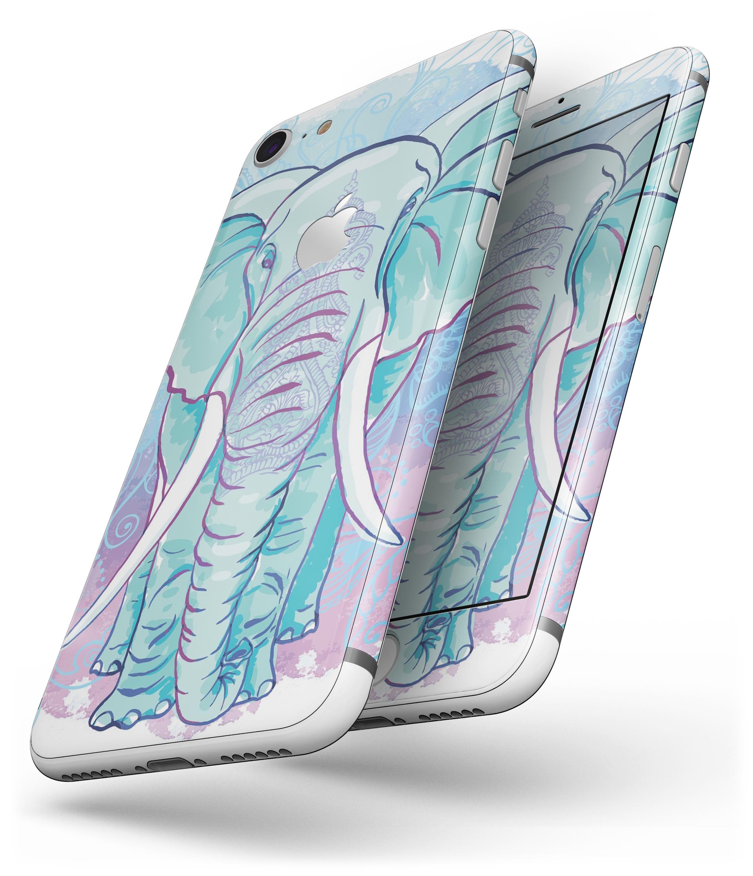 Flourished Blue & Purple Sacred Elephant skin for iPhone 8, showcasing vibrant colors and intricate design.