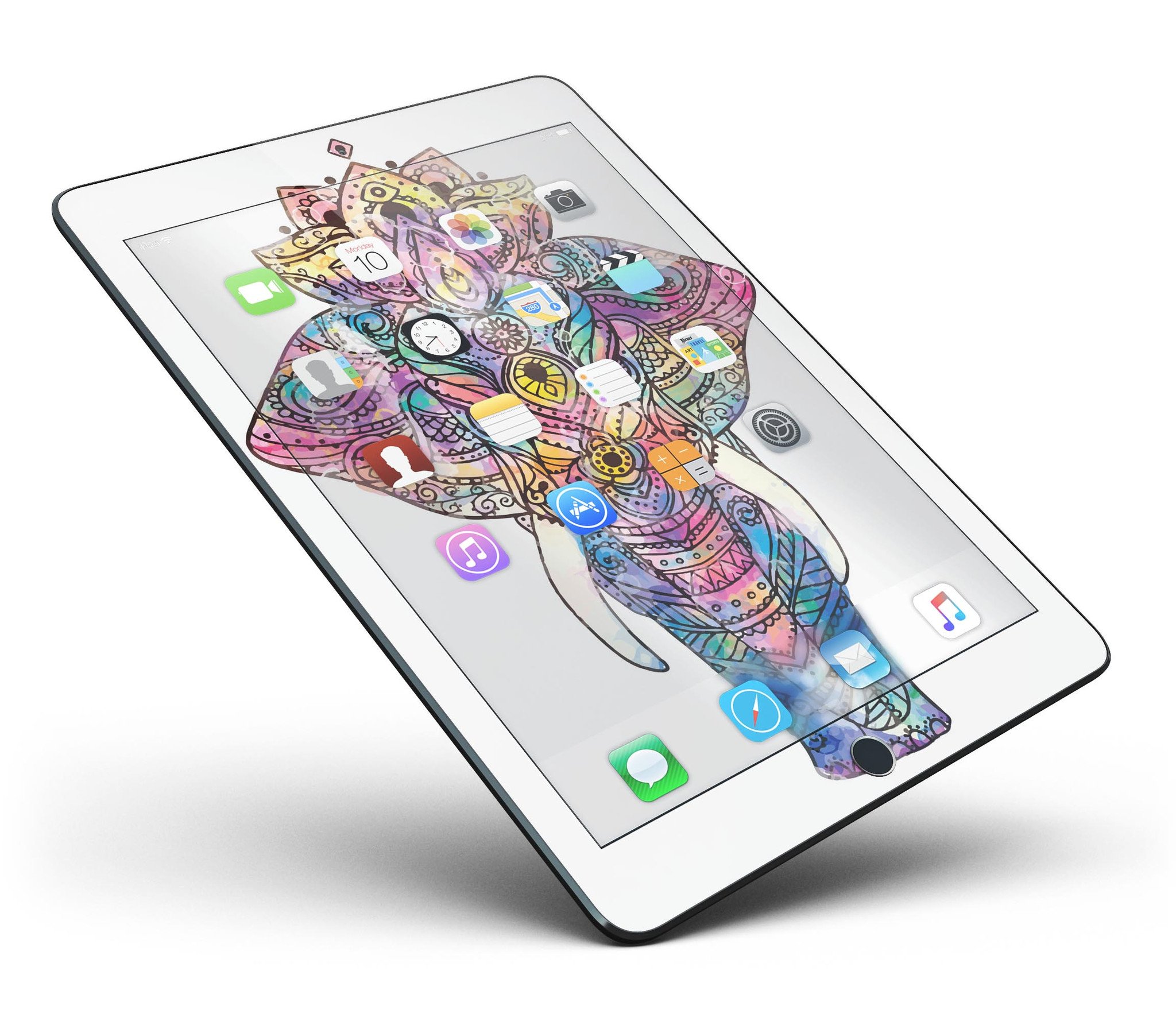 Flourished Sacred Elephant Full Body Skin for iPad Pro, showcasing vibrant design and premium vinyl material.