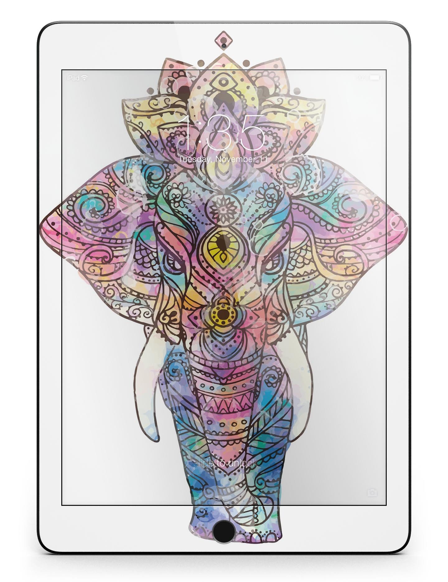 Flourished Sacred Elephant Full Body Skin for iPad Pro, showcasing vibrant design and premium vinyl material.