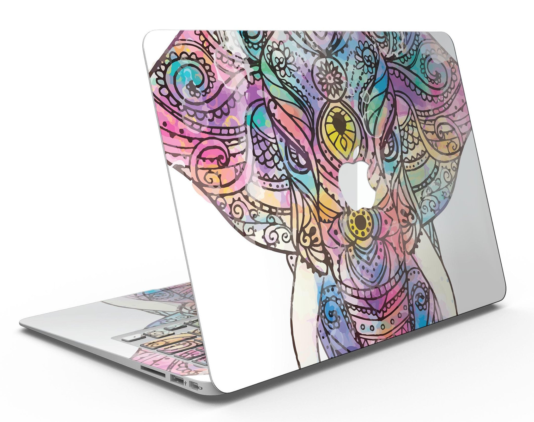 Flourished Sacred Elephant MacBook Air Skin Kit showcasing vibrant elephant design on premium vinyl.