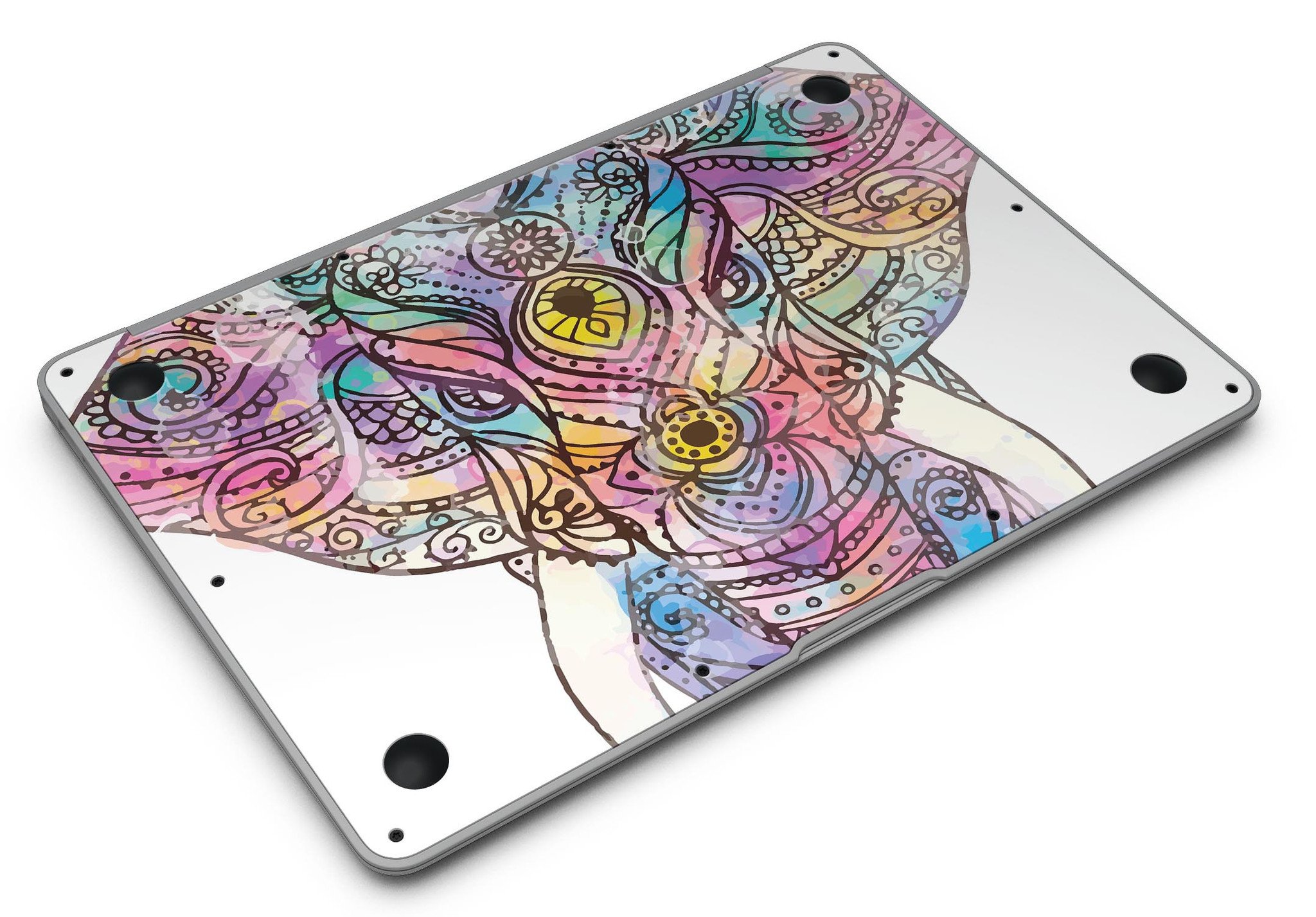 Flourished Sacred Elephant MacBook Air Skin Kit showcasing vibrant elephant design on premium vinyl.