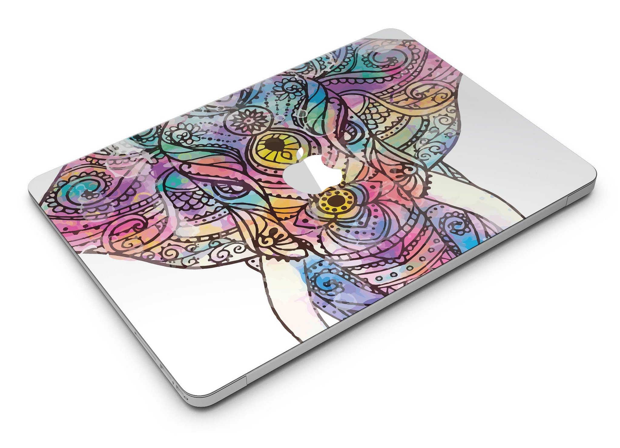 Flourished Sacred Elephant MacBook Air Skin Kit showcasing vibrant elephant design on premium vinyl.