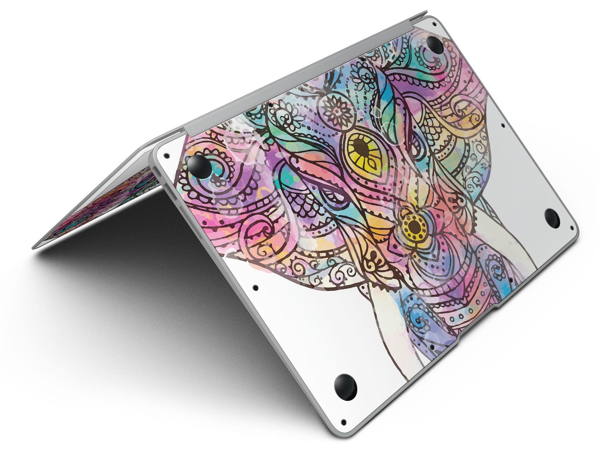 Flourished Sacred Elephant MacBook Air Skin Kit showcasing vibrant elephant design on premium vinyl.