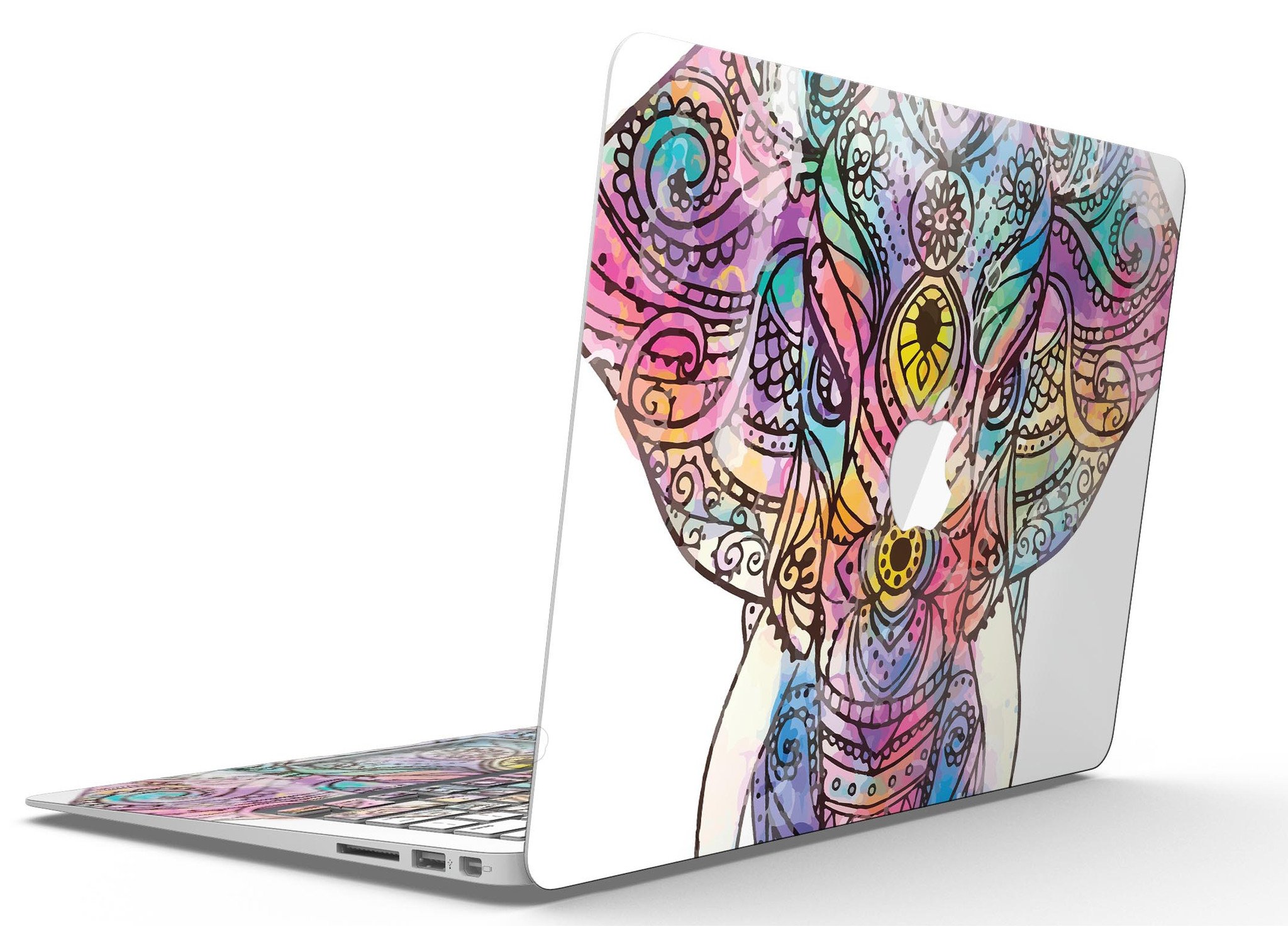 Flourished Sacred Elephant MacBook Air Skin Kit showcasing vibrant elephant design on premium vinyl.