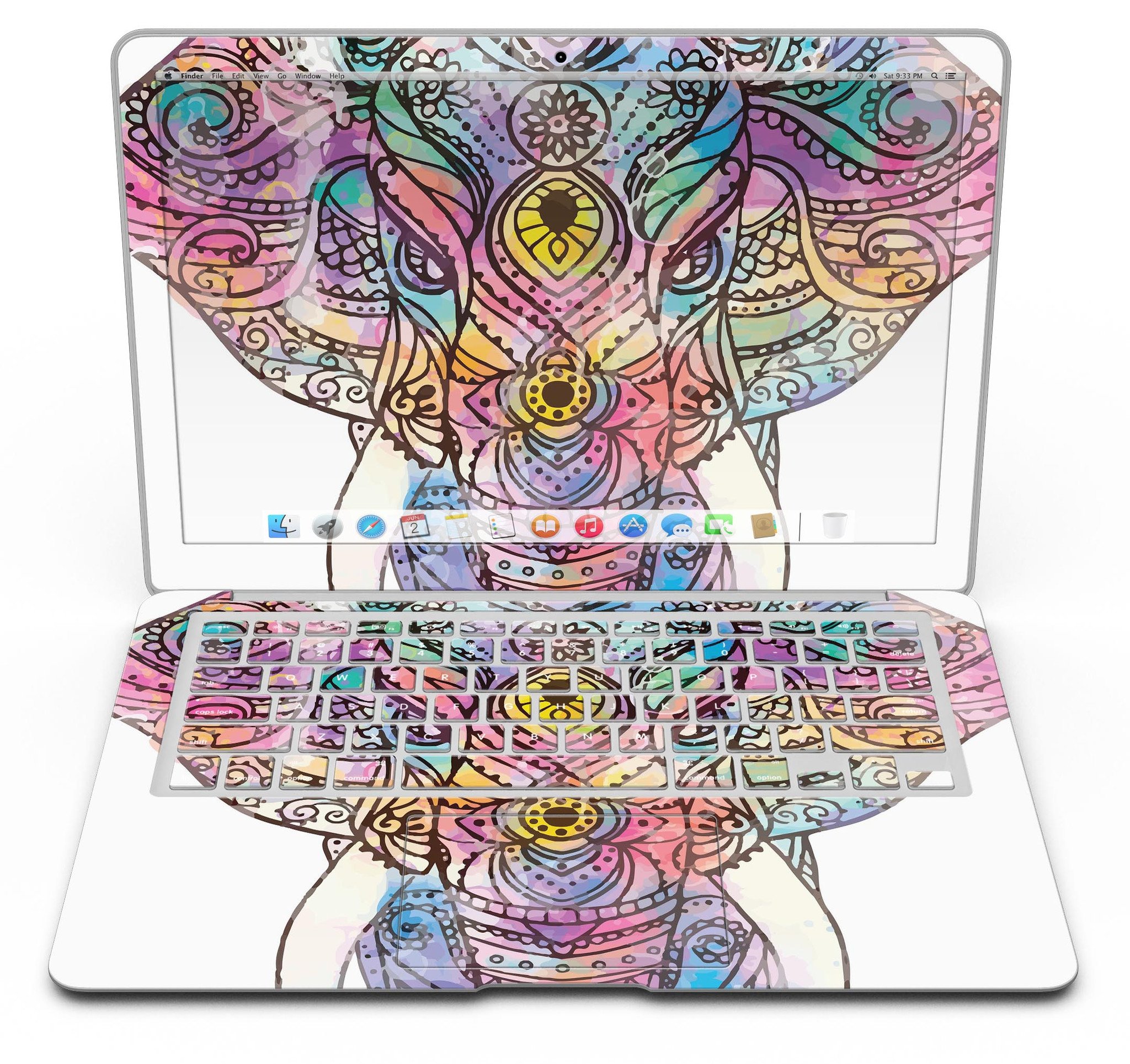 Flourished Sacred Elephant MacBook Air Skin Kit showcasing vibrant elephant design on premium vinyl.