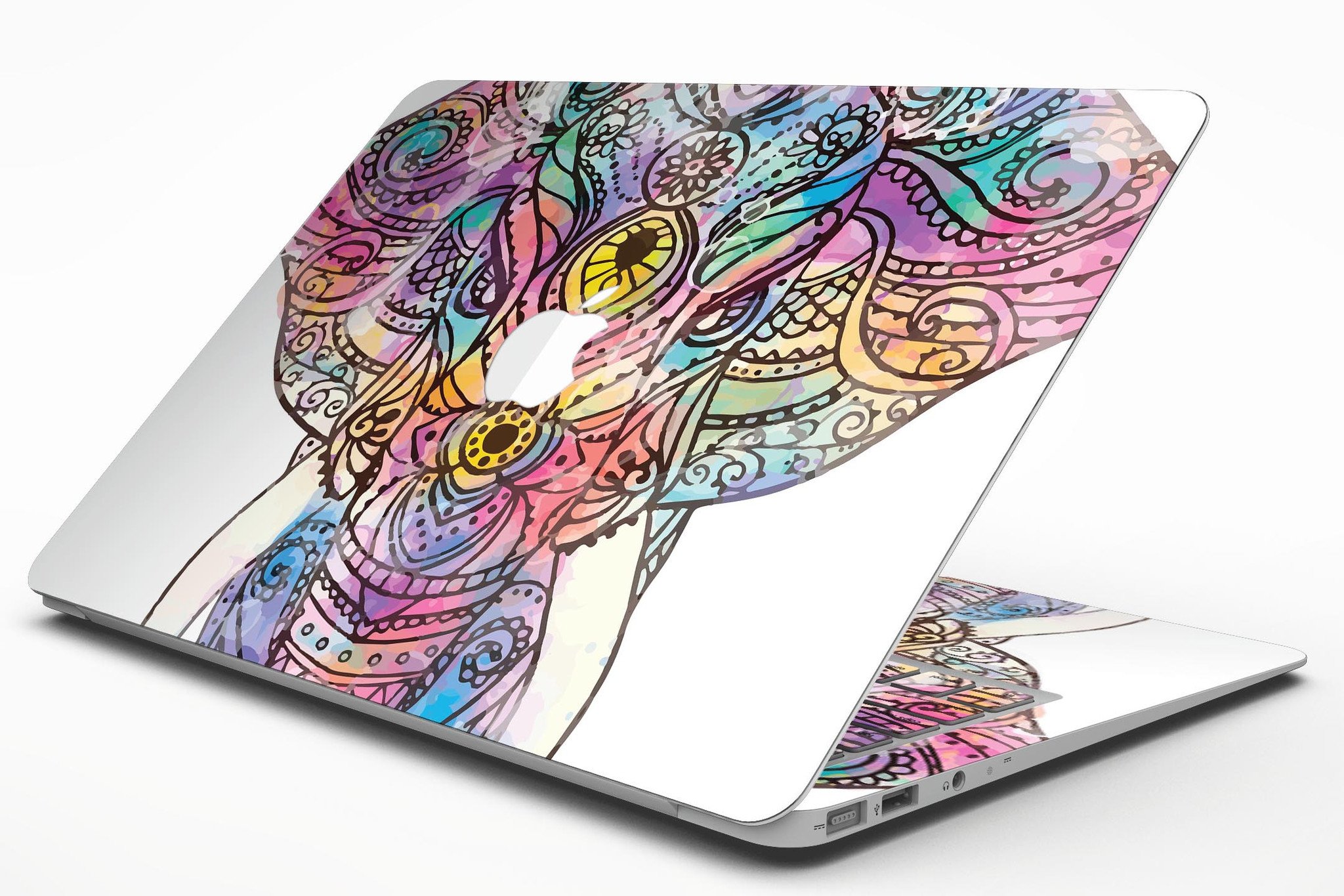 Flourished Sacred Elephant MacBook Air Skin Kit showcasing vibrant elephant design on premium vinyl.