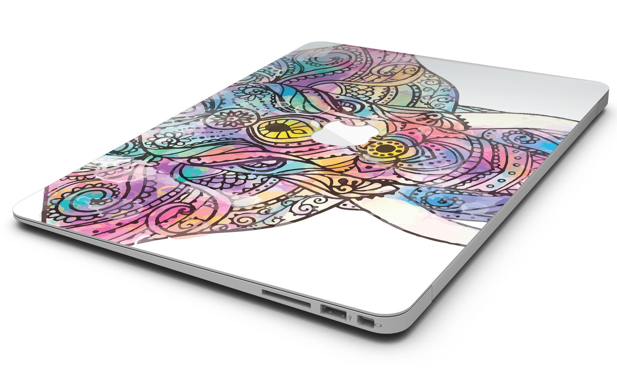 Flourished Sacred Elephant MacBook Air Skin Kit showcasing vibrant elephant design on premium vinyl.