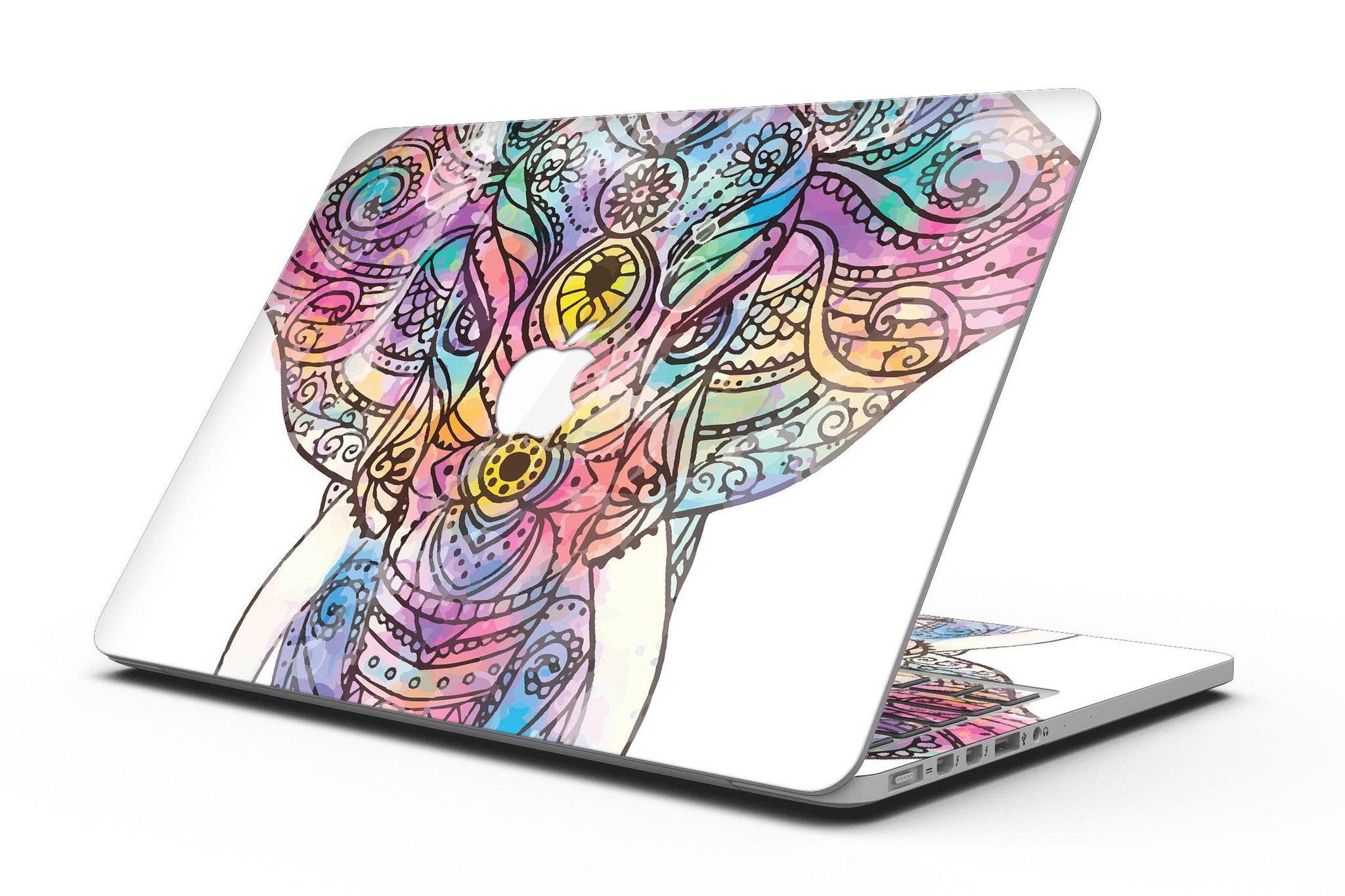 Flourished Sacred Elephant design skin for MacBook Pro with Retina Display, showcasing vibrant colors and intricate patterns.