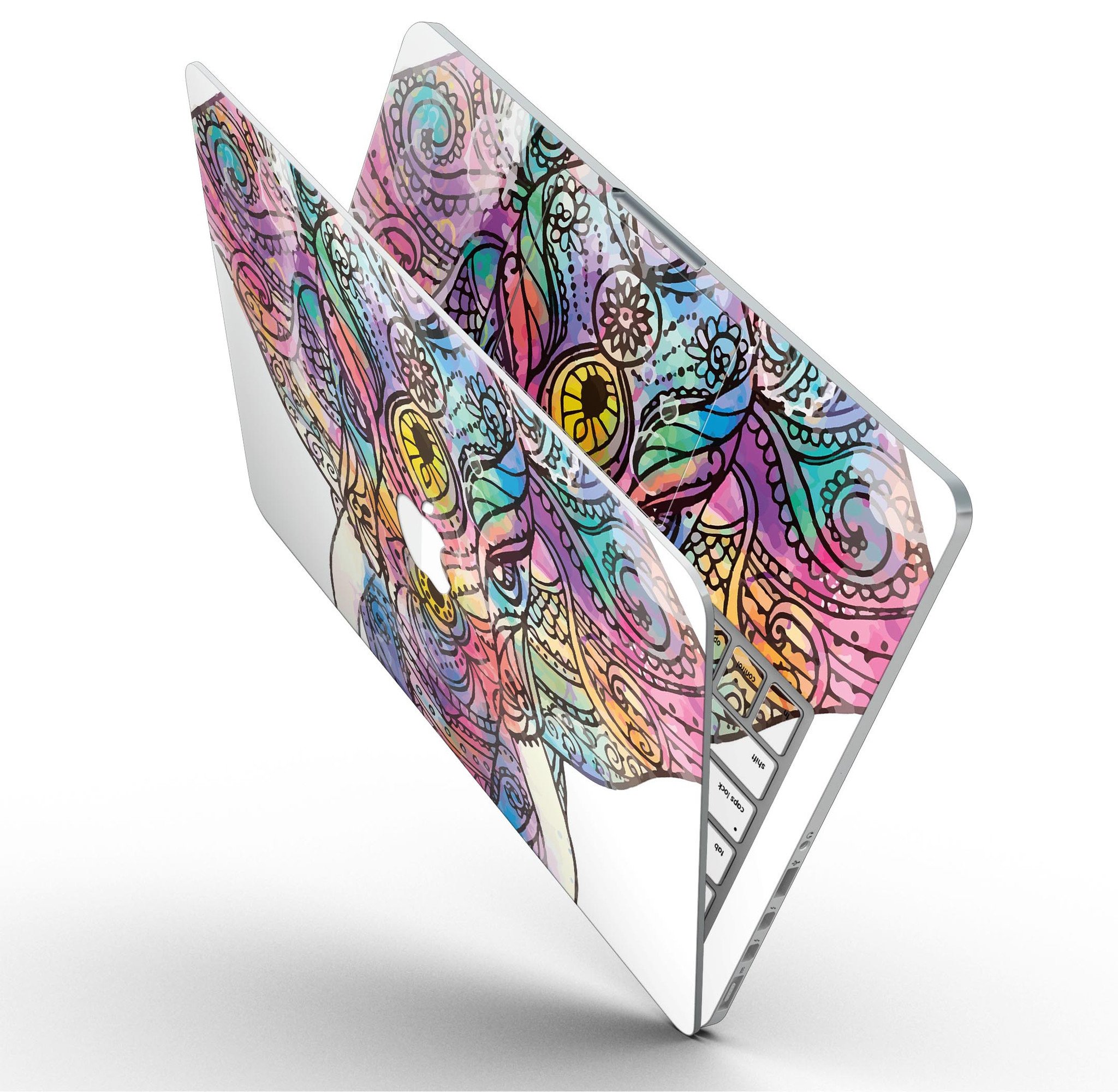 Flourished Sacred Elephant design skin for MacBook Pro with Retina Display, showcasing vibrant colors and intricate patterns.