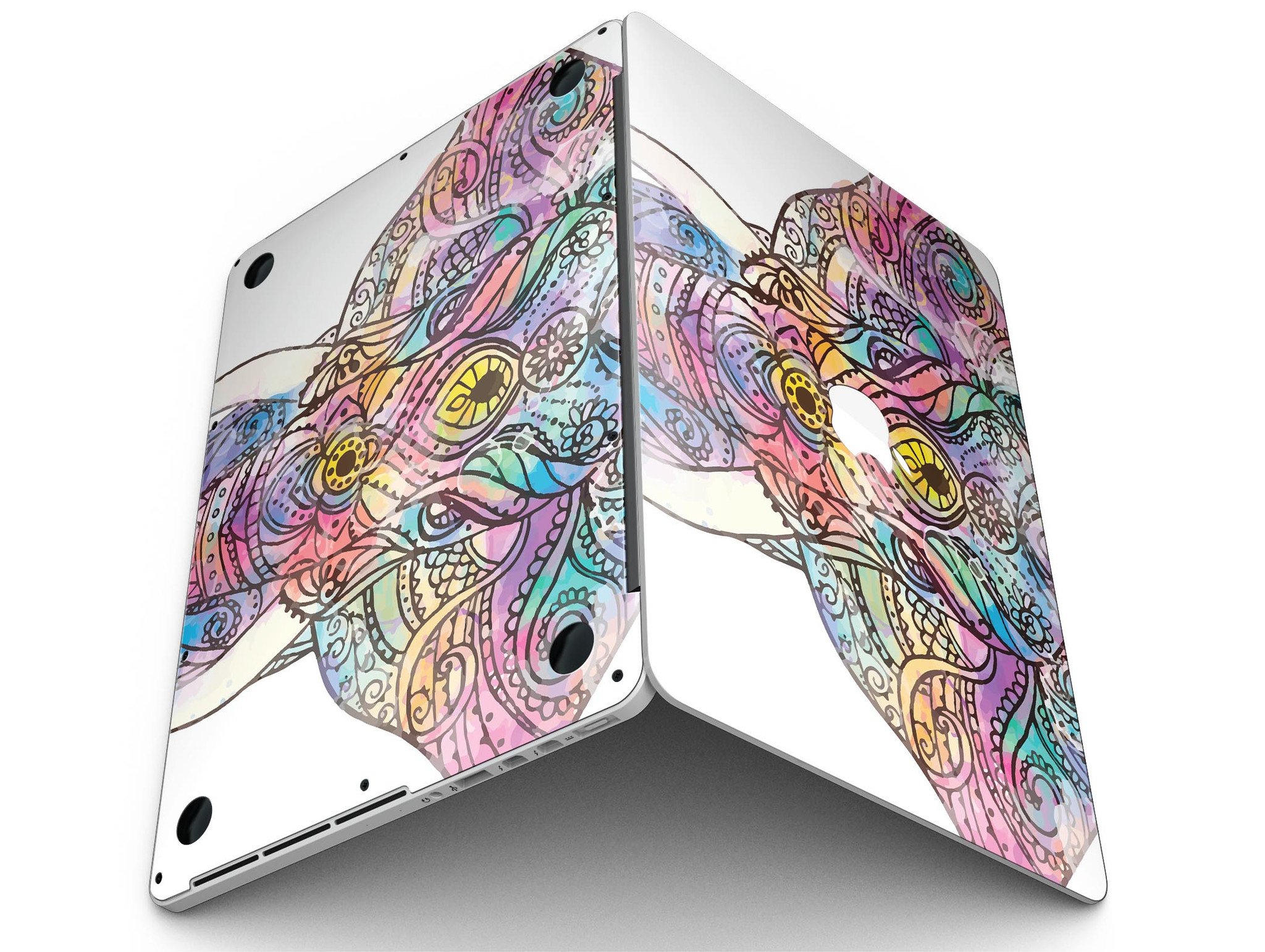 Flourished Sacred Elephant design skin for MacBook Pro with Retina Display, showcasing vibrant colors and intricate patterns.