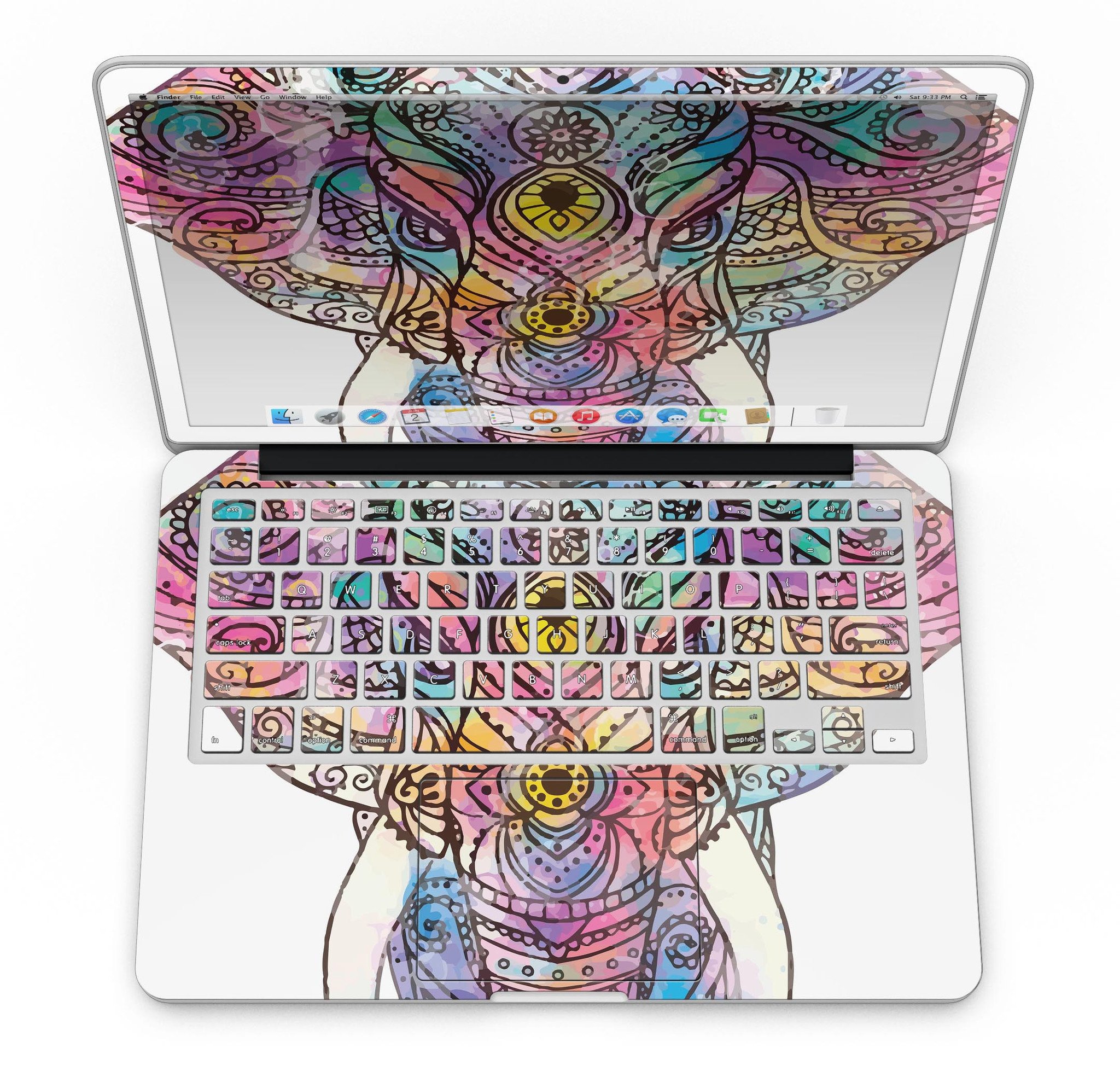 Flourished Sacred Elephant design skin for MacBook Pro with Retina Display, showcasing vibrant colors and intricate patterns.