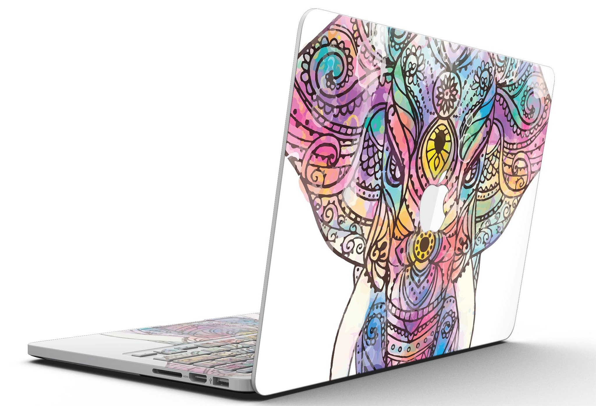 Flourished Sacred Elephant design skin for MacBook Pro with Retina Display, showcasing vibrant colors and intricate patterns.