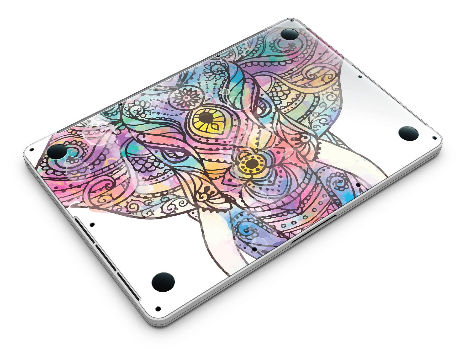 Flourished Sacred Elephant design skin for MacBook Pro with Retina Display, showcasing vibrant colors and intricate patterns.