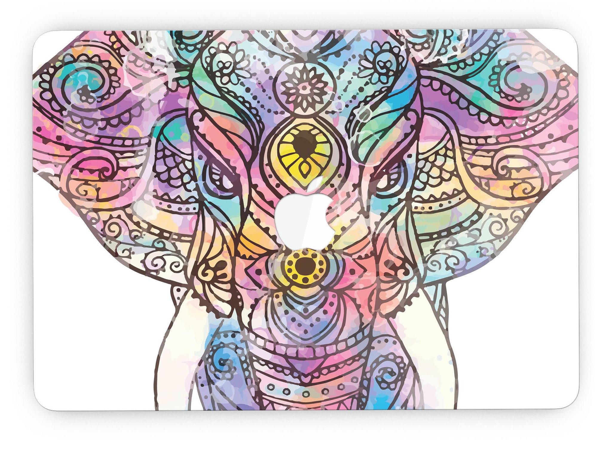 Flourished Sacred Elephant design skin for MacBook Pro with Retina Display, showcasing vibrant colors and intricate patterns.