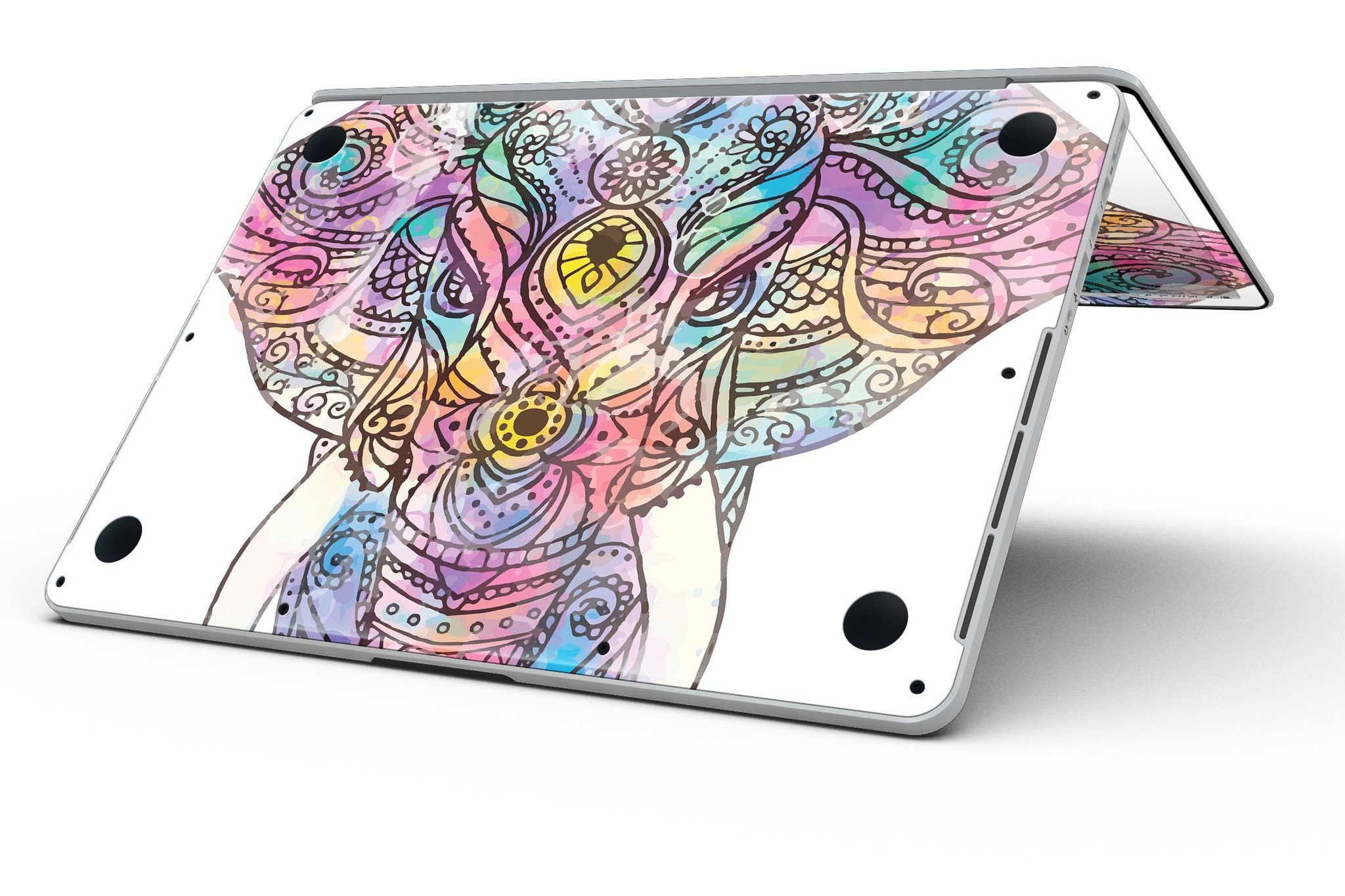 Flourished Sacred Elephant design skin for MacBook Pro with Retina Display, showcasing vibrant colors and intricate patterns.