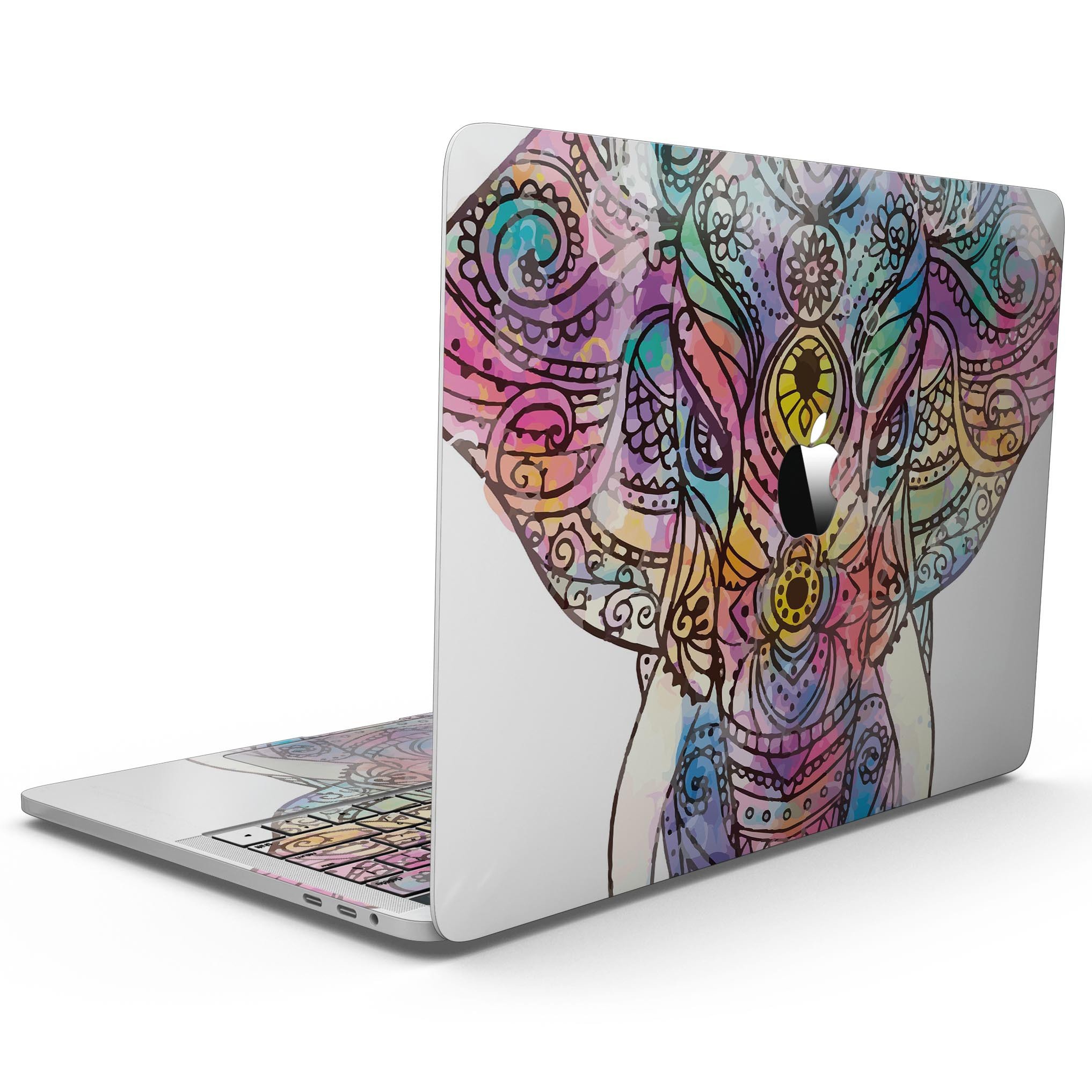 Flourished Sacred Elephant skin kit for MacBook Pro, showcasing vibrant design and premium vinyl material.