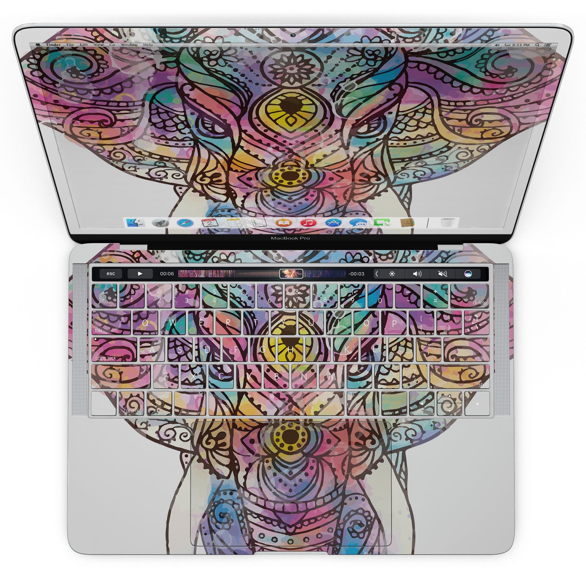 Flourished Sacred Elephant skin kit for MacBook Pro, showcasing vibrant design and premium vinyl material.