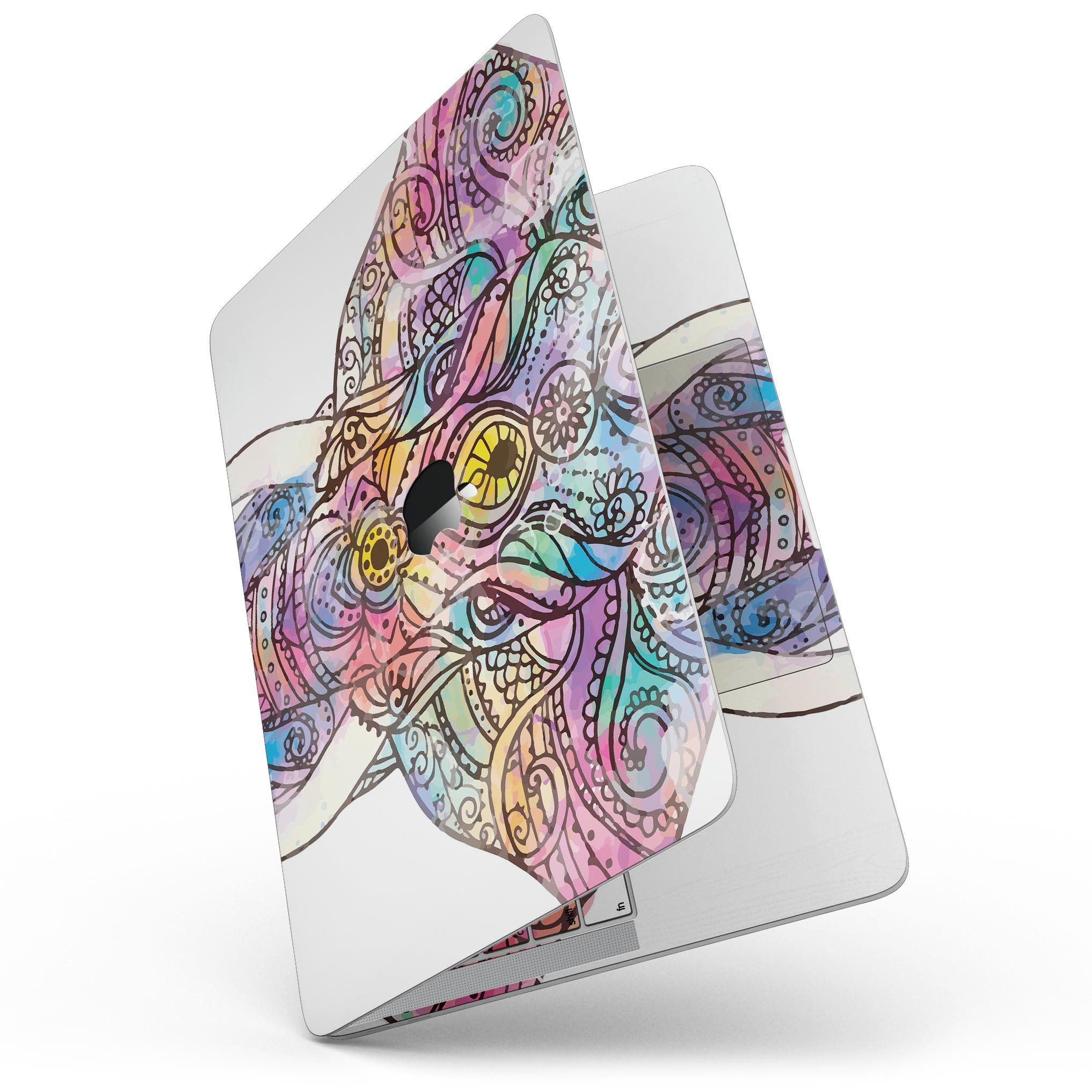 Flourished Sacred Elephant skin kit for MacBook Pro, showcasing vibrant design and premium vinyl material.