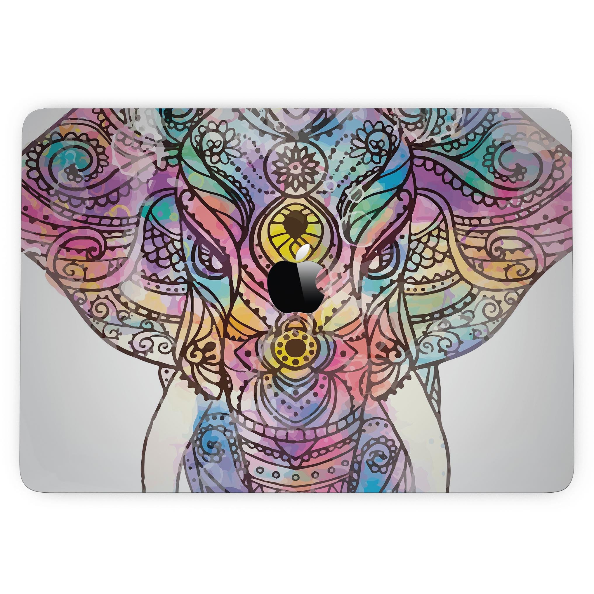 Flourished Sacred Elephant skin kit for MacBook Pro, showcasing vibrant design and premium vinyl material.